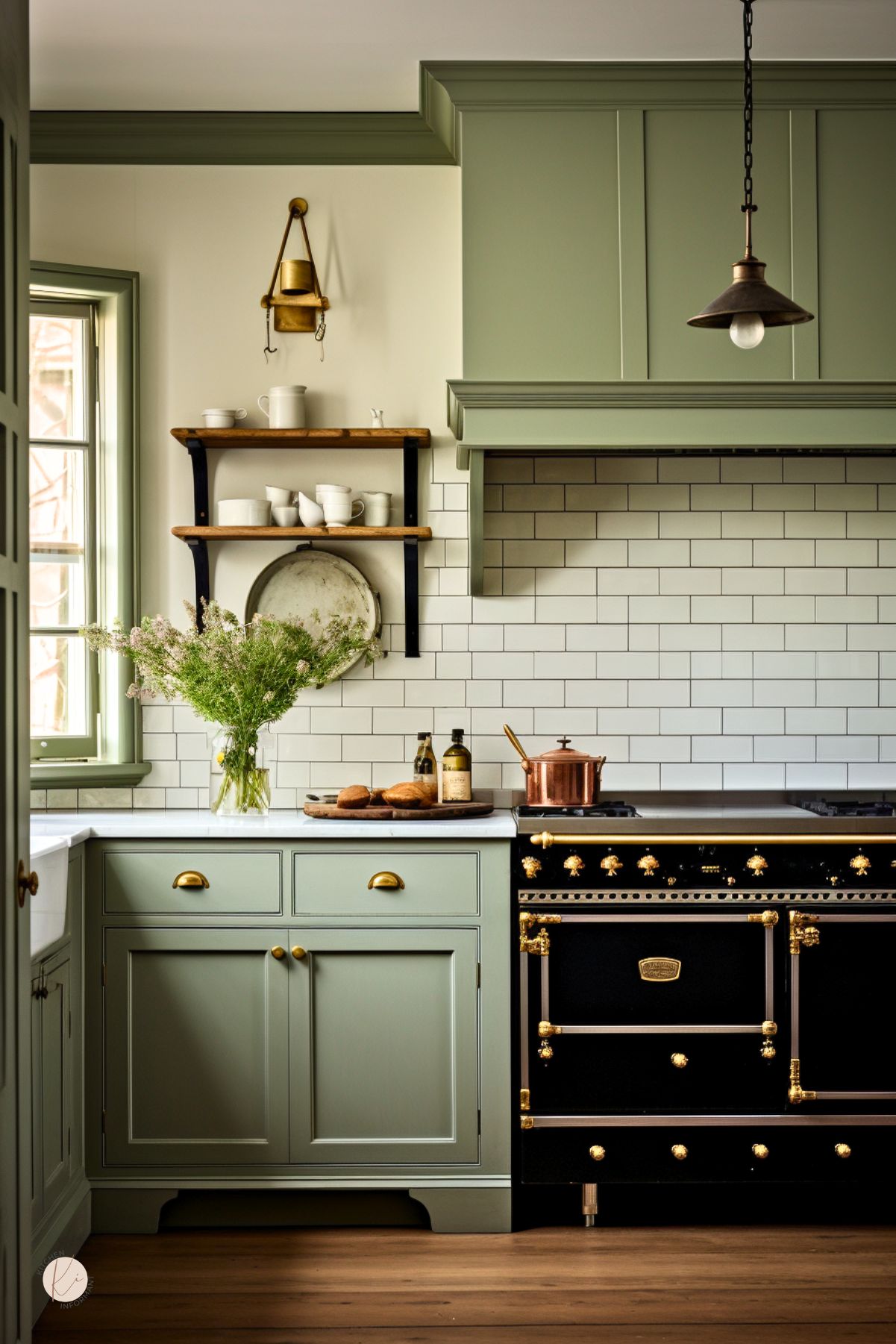 Sage green kitchen with white subway tile backsplash, brass hardware, and a black vintage-style range with gold trim. Open wood shelves hold white dishes, while a farmhouse sink, copper pot, fresh flowers, and wood floors add cottage kitchen charm. Faint “Kitchen Informant” watermark at bottom left.
