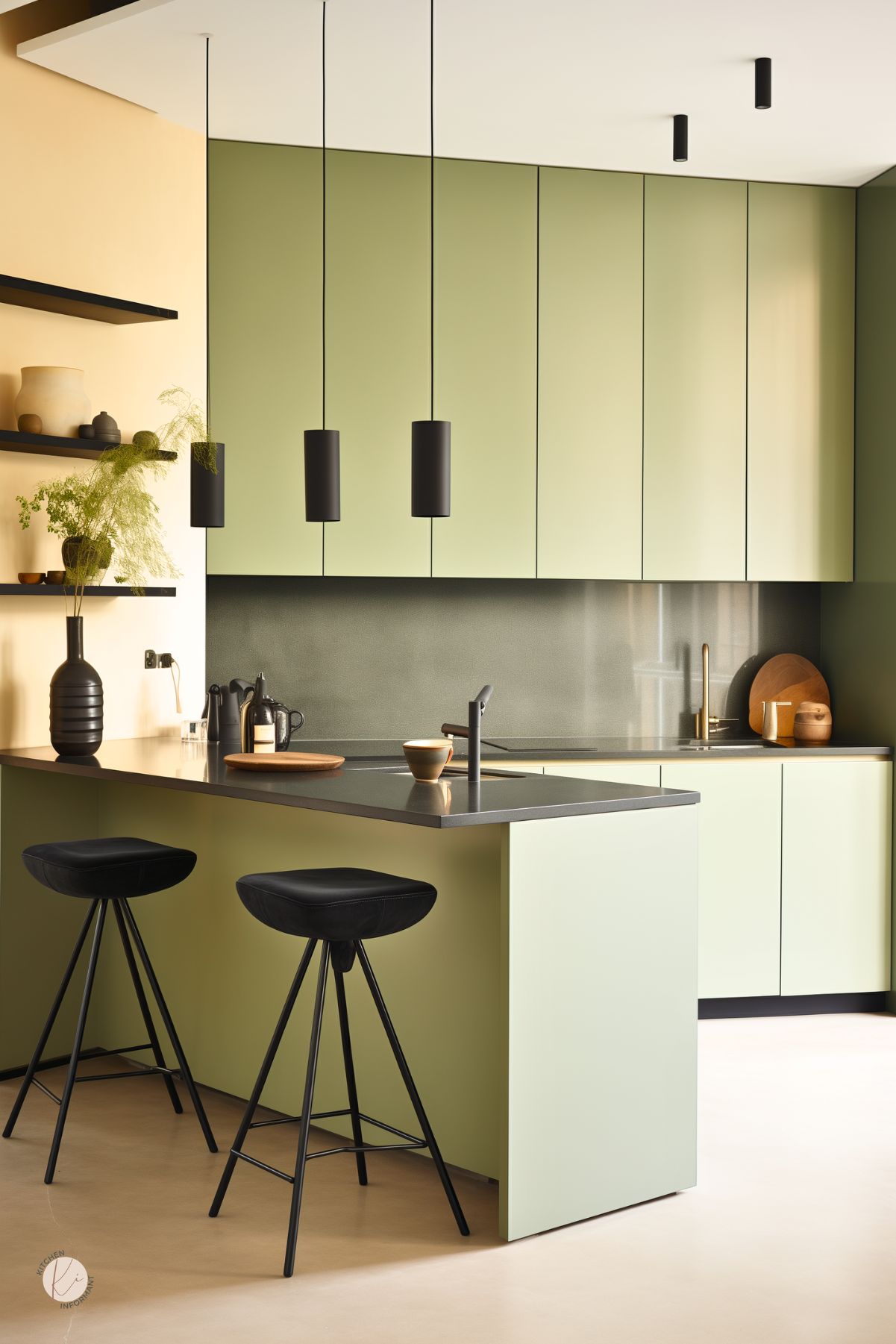 Modern sage green and black kitchen with flat-panel cabinets, a sage peninsula, black countertops, and slim black pendant lights. Black bar stools, open black shelves, and minimal decor create a clean contemporary look. Brass faucet and warm wood accents soften the space. Faint “Kitchen Informant” watermark at bottom left.