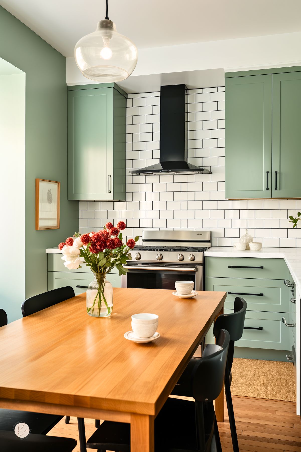 Small sage green kitchen with black hardware, white subway tile backsplash, and a black range hood over a stainless stove. A warm wood dining table with black chairs fills the foreground, styled with white cups and a vase of red and white flowers. Glass globe pendant light overhead. Faint “Kitchen Informant” watermark at bottom left.