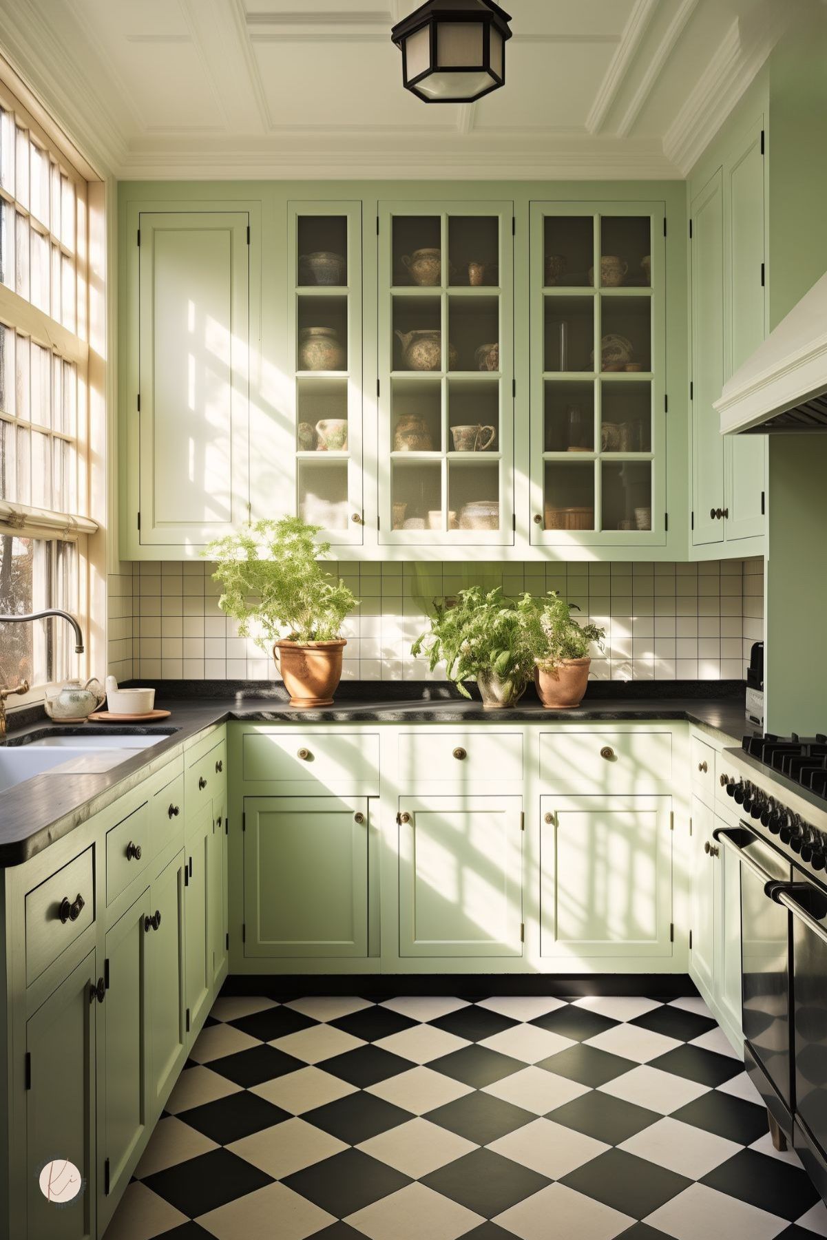 Sunlit sage green kitchen with black countertops, black and white checkered floor tile, and glass-front upper cabinets displaying dishes. Large window casts dramatic shadows across the cabinets and potted herbs. White farmhouse sink and black range add contrast. Faint “Kitchen Informant” watermark at bottom left.