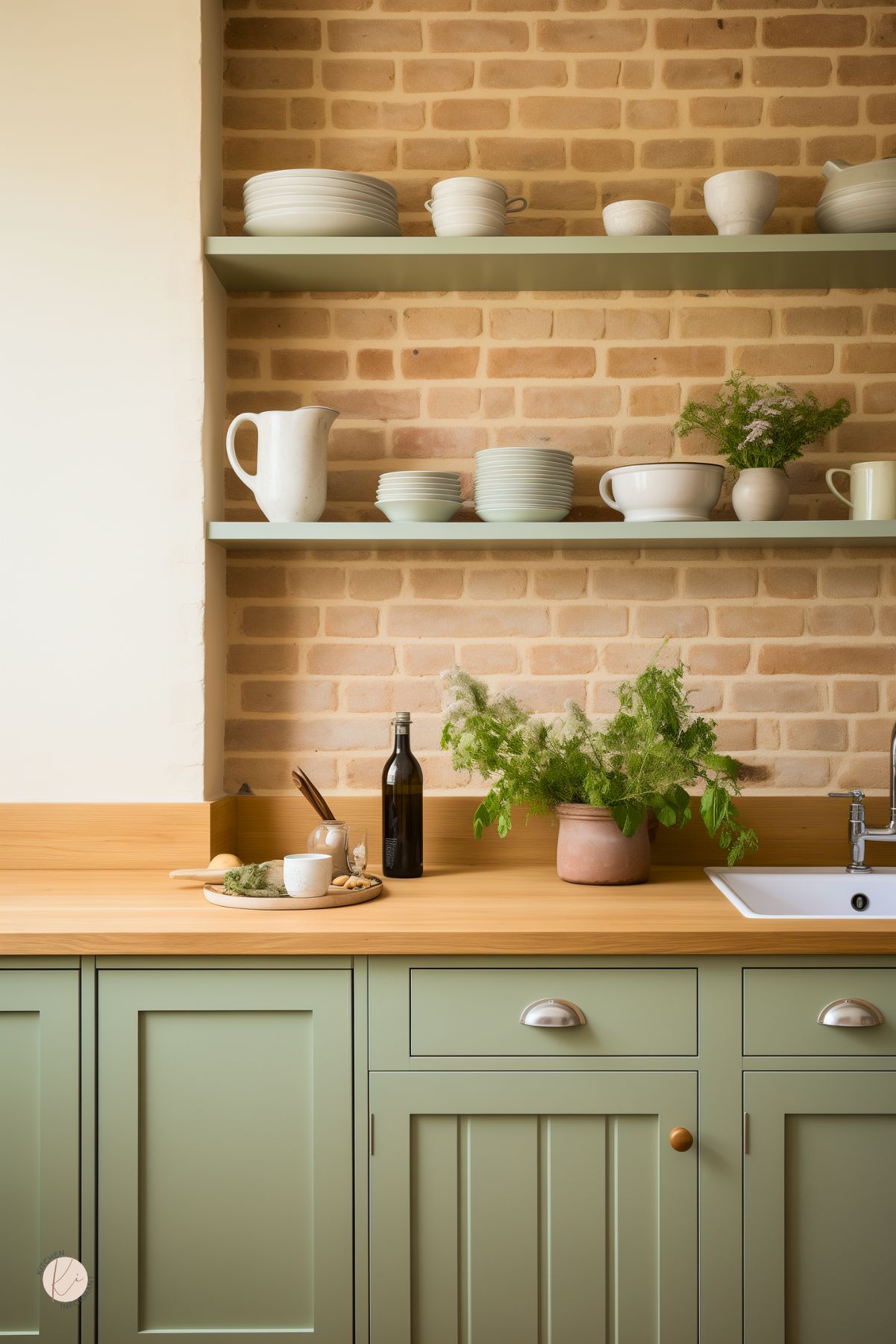 Sage green kitchen with a soft beige brick backsplash, butcher block countertops, and open shelves styled with white dishes. Shaker cabinets with mixed metal and wood knobs, a small sink, potted greenery, and warm neutral tones give this cottage kitchen and brick backsplash design a calm organic feel.
