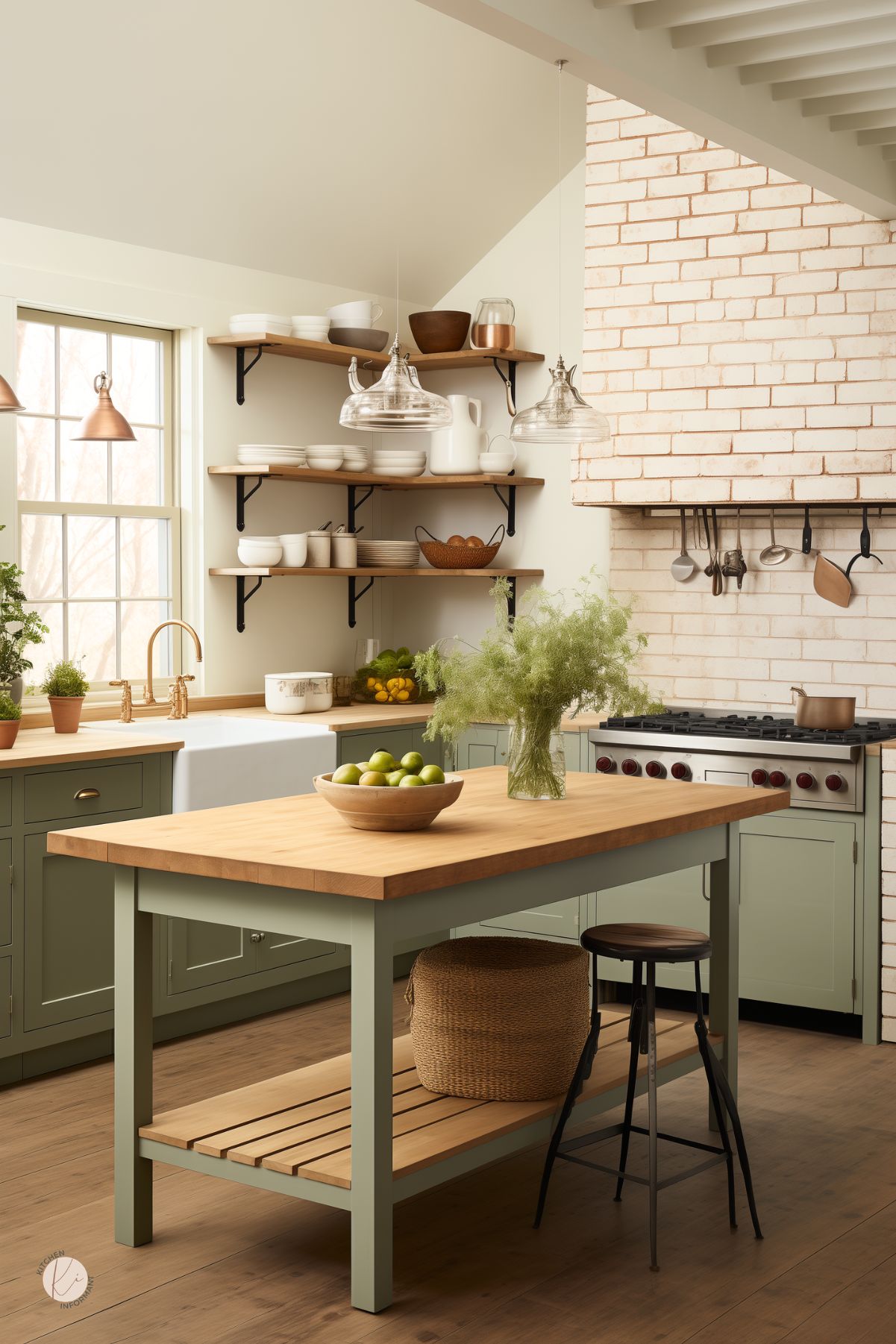 Sage green kitchen with a white painted brick backsplash, butcher block island, and matching cabinets. White farmhouse sink under a window with brass faucet, open wood shelves with dishes, glass pendant lights, and a large range with red knobs. Woven basket and bowl of green apples add warm cottage kitchen style.