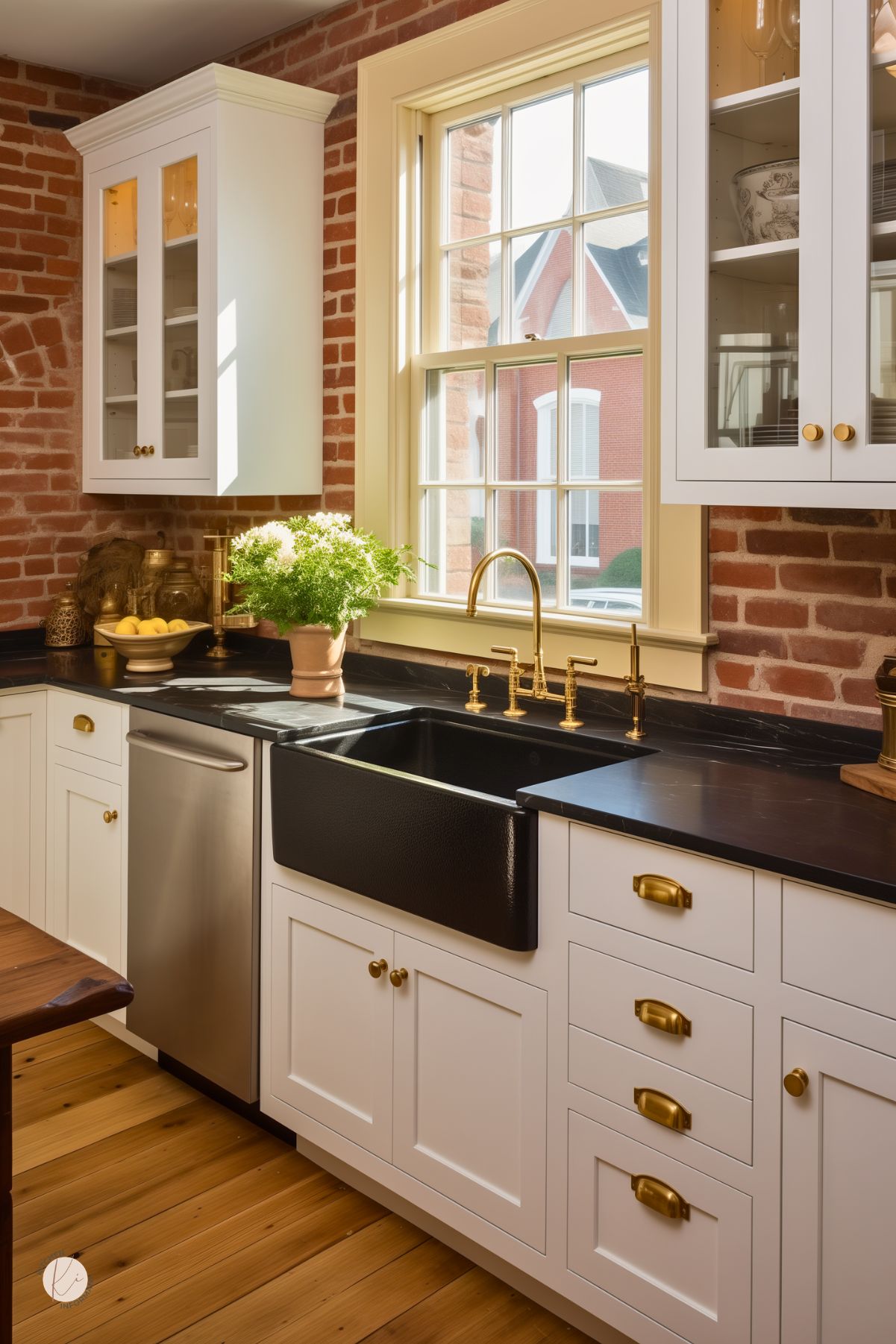 White kitchen with a red brick backsplash, black farmhouse sink, black countertops, and brass faucet and hardware. Glass-front upper cabinets flank a large window, while warm wood floors and a stainless dishwasher add contrast. Classic farmhouse kitchen design with brick backsplash and black sink.