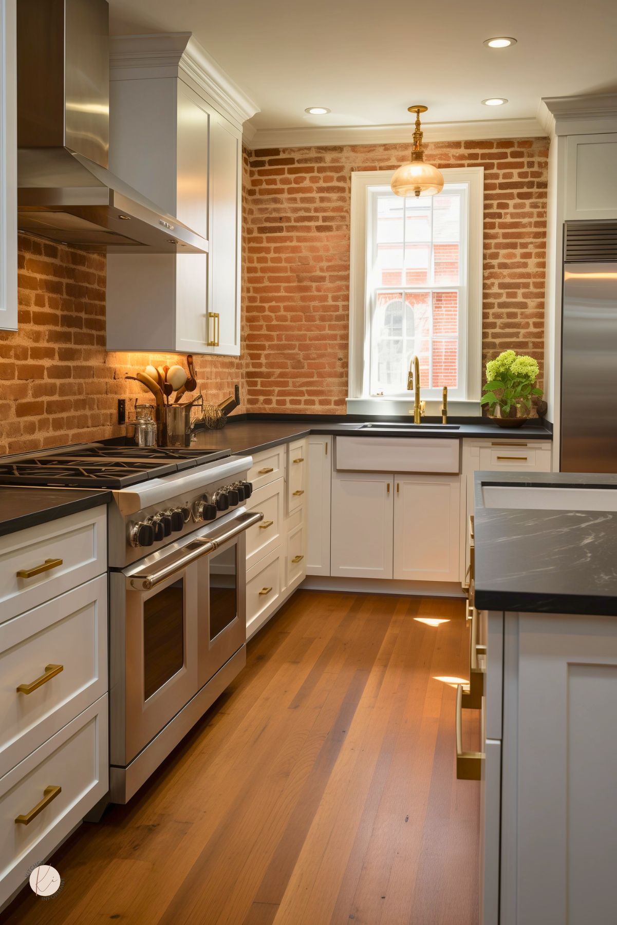White kitchen with a red brick backsplash, black countertops, and brass cabinet hardware. Stainless steel range and hood sit beside white shaker cabinets, with a farmhouse sink under a tall window. Warm wood floors and a small island complete this classic brick backsplash kitchen design.