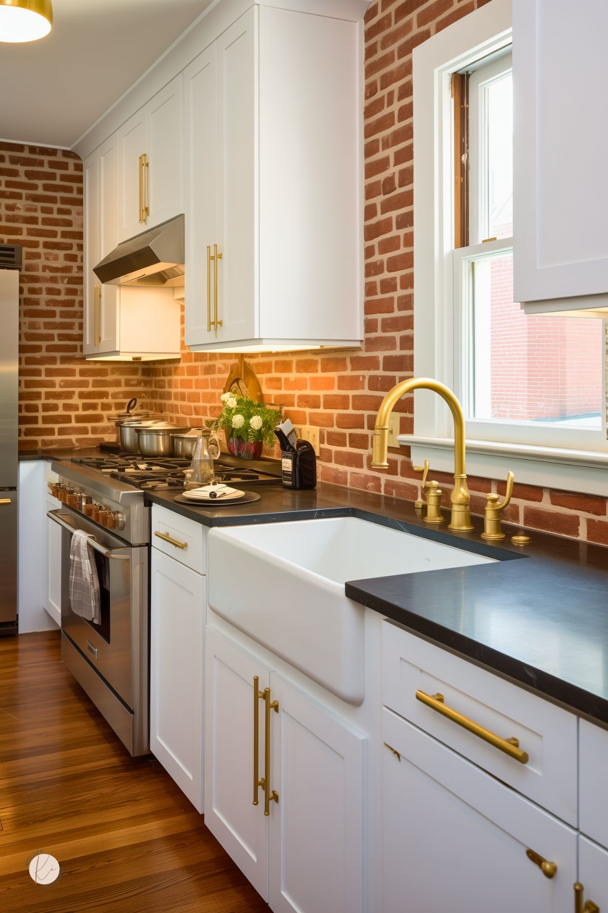 White kitchen with a red brick backsplash, black countertops, and a white farmhouse sink under a window. Brass faucet and long brass cabinet pulls add warmth, while stainless steel appliances and wood floors complete this classic farmhouse kitchen with brick backsplash.