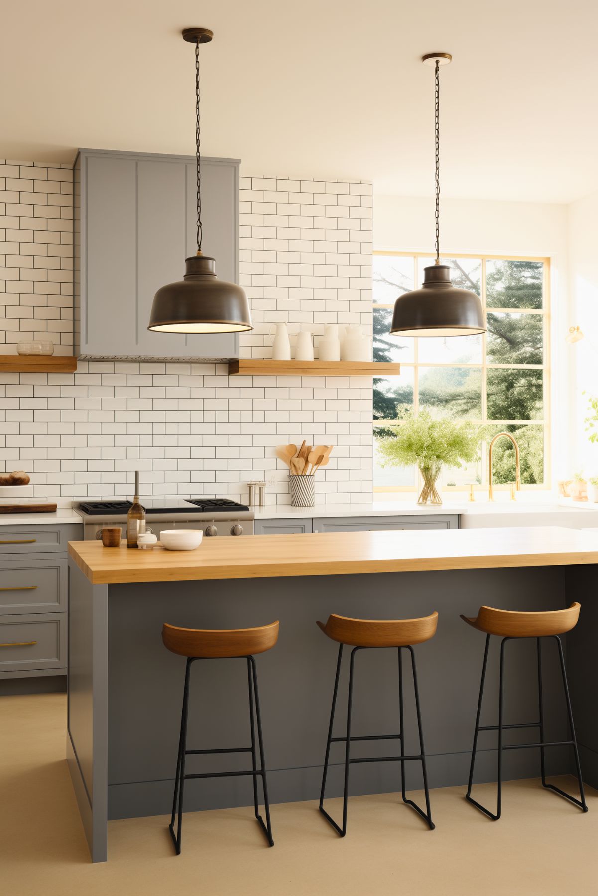 Gray kitchen with a white painted brick backsplash, white countertops, and a wood-topped island with three wood and black metal bar stools. Large black pendant lights hang overhead, with gray cabinets, a window sink area, and warm minimalist modern farmhouse kitchen style.