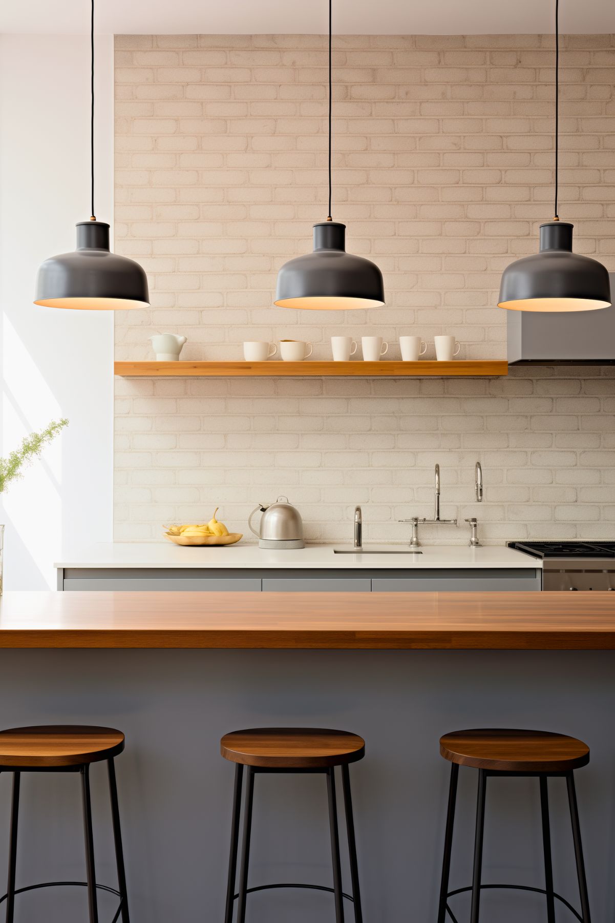 Minimalist kitchen with a white painted brick backsplash, gray base cabinets, and a wood waterfall island with three round wood stools. Three oversized black pendant lights hang above, while a long wood shelf with white mugs adds clean modern kitchen style.