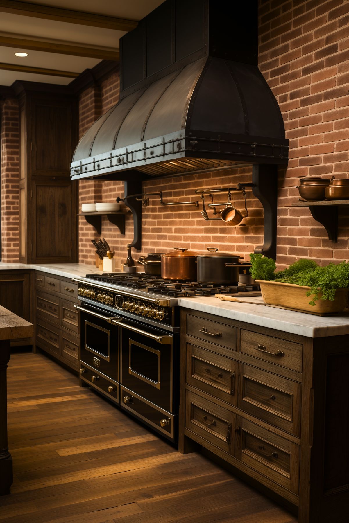 Dark rustic kitchen with a red brick backsplash, heavy black metal range hood, and large black double oven range. Rich wood cabinets, marble countertops, copper pots, hanging utensils, and warm wood floors create a moody industrial farmhouse kitchen design.