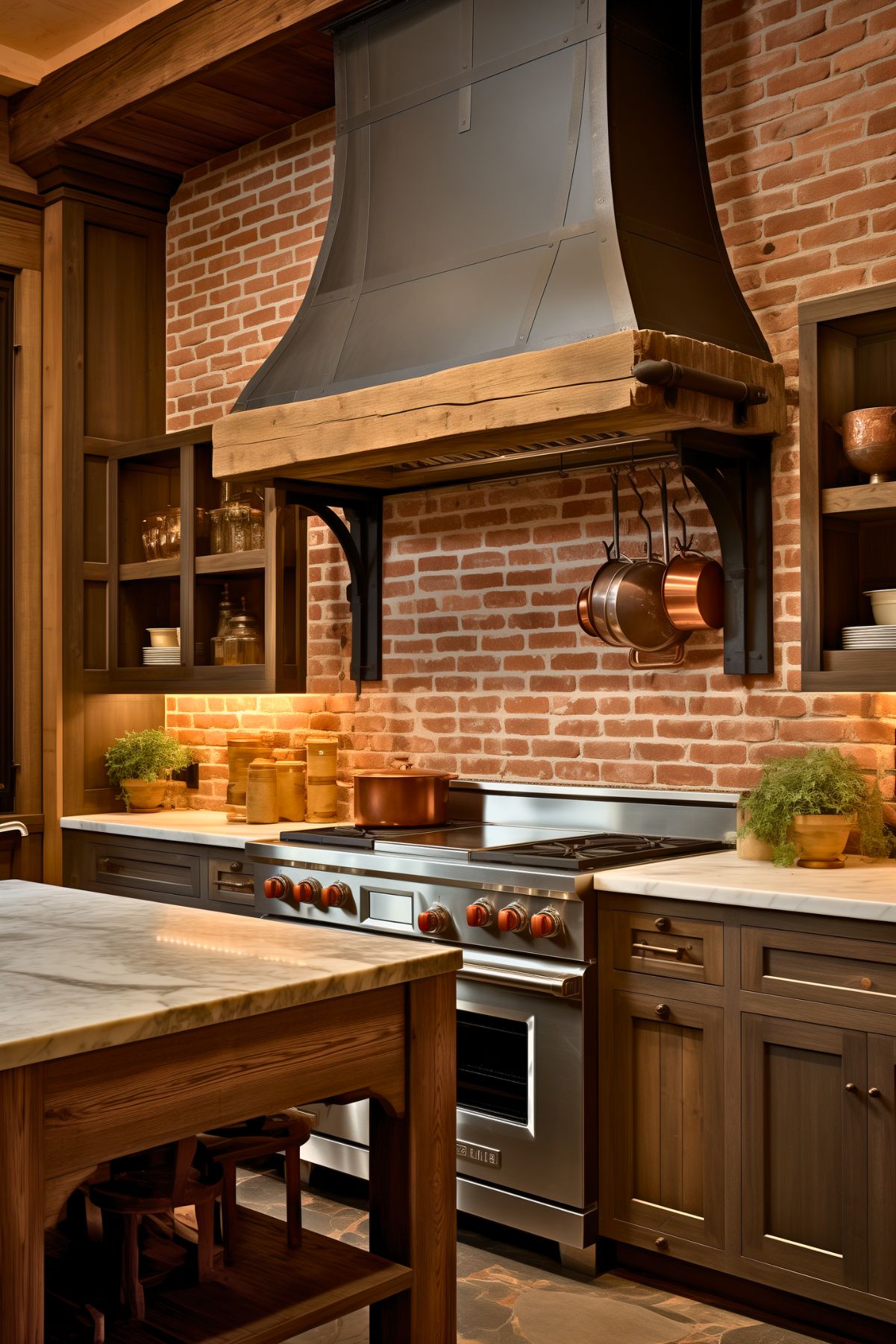 Rustic kitchen with a red brick backsplash, oversized black metal range hood with wood trim, and stainless steel range with red knobs. Warm wood cabinets, marble countertops, hanging copper pots, and under-cabinet lighting create a cozy farmhouse kitchen with brick backsplash.
