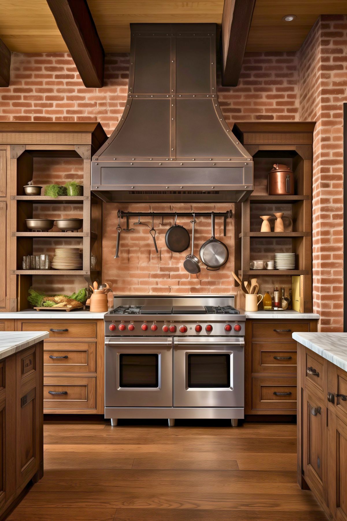 Rustic kitchen with a red brick backsplash, dark metal range hood, and stainless steel double oven with red knobs. Warm wood cabinets and open shelves frame the stove, with hanging pans, dishes, marble countertops, and exposed wood beams for a cozy farmhouse kitchen design.