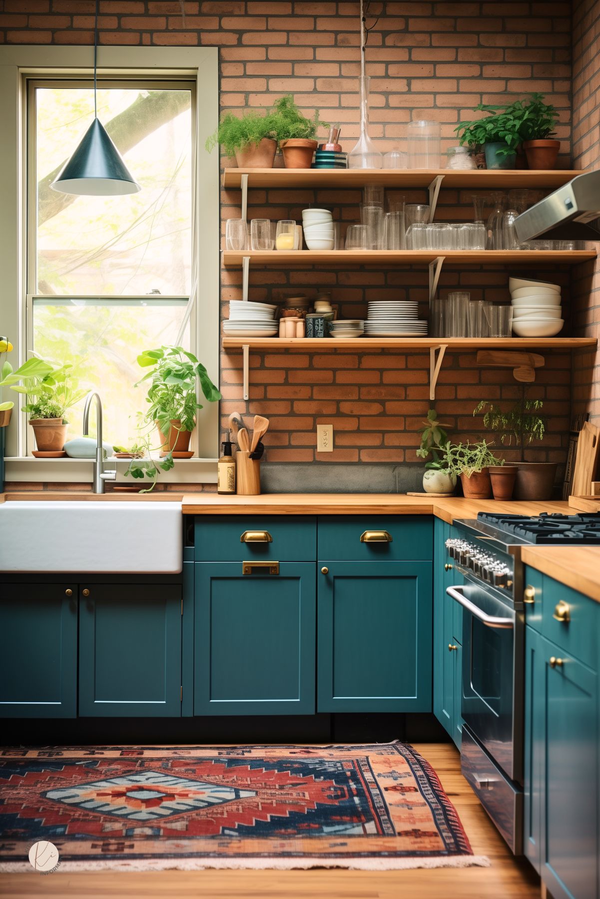 Teal blue kitchen with a red brick backsplash, open wood shelves, and butcher block countertops. White farmhouse sink sits under a large window with potted plants. Brass hardware, stainless steel range, black pendant light, and a colorful patterned rug add warm vintage kitchen design style.