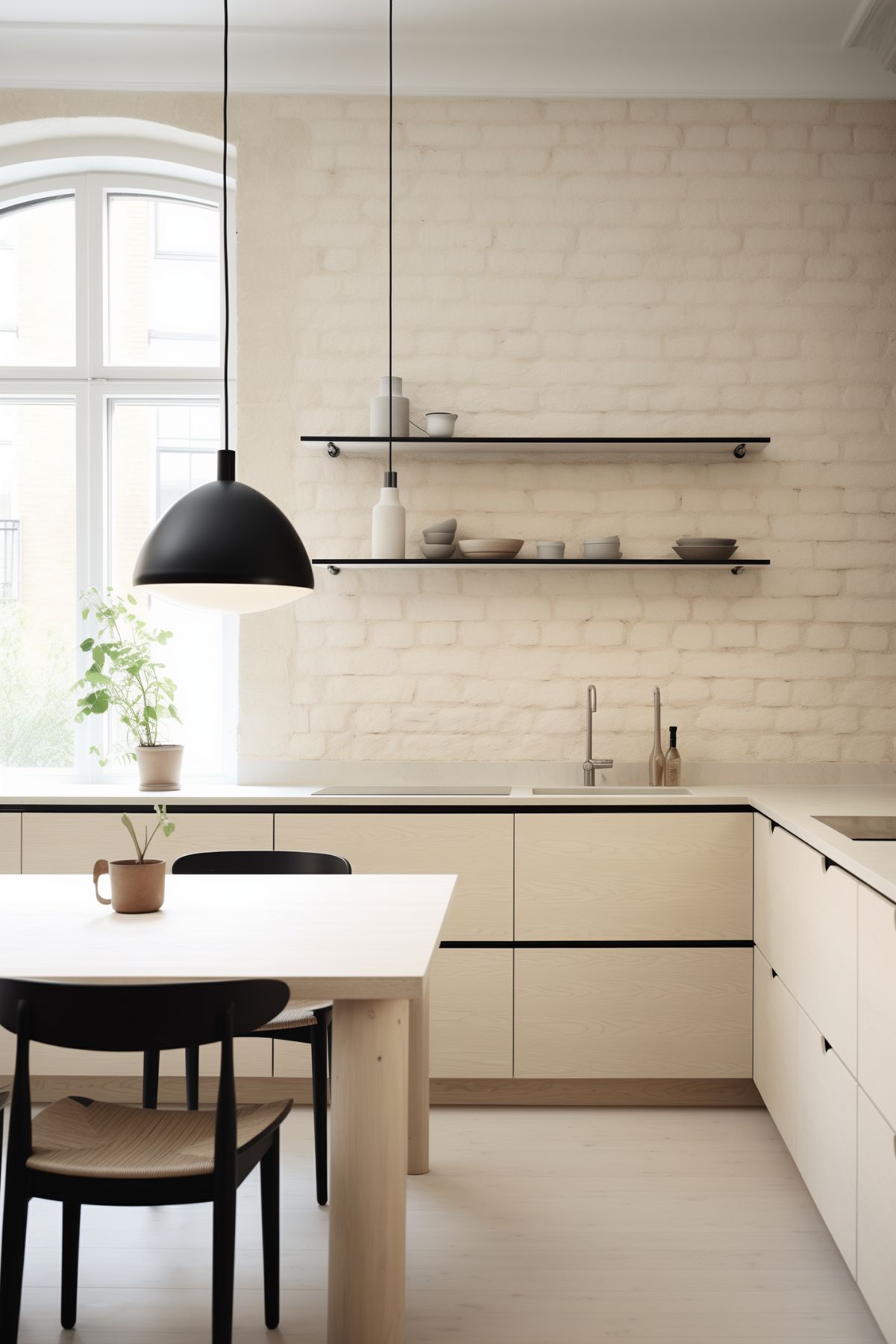 Minimalist white kitchen with a soft white painted brick backsplash, flat-front light wood cabinets, and black open shelves. Large black pendant light, simple dining table with black chairs, and bright window create a clean Scandinavian kitchen design with warm modern style.