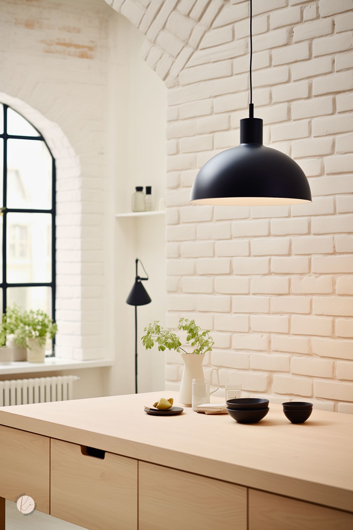 Minimalist kitchen with a white painted brick backsplash, pale wood cabinets, and a light wood island. Large black pendant light hangs over the counter, with black bowls, a white pitcher, and greenery adding contrast. Arched black window and soft neutral tones create a clean Scandinavian kitchen design.