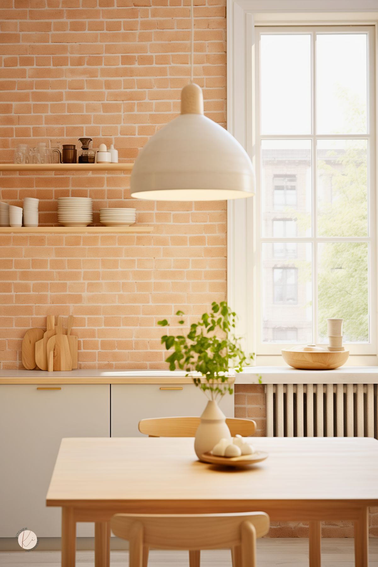 Light minimalist kitchen with a pale brick backsplash, white lower cabinets, open wood shelves with stacked dishes, and a large cream pendant light. Tall window brings in soft daylight beside a simple wood dining table, pale wood chairs, greenery, and warm Scandinavian kitchen design details.