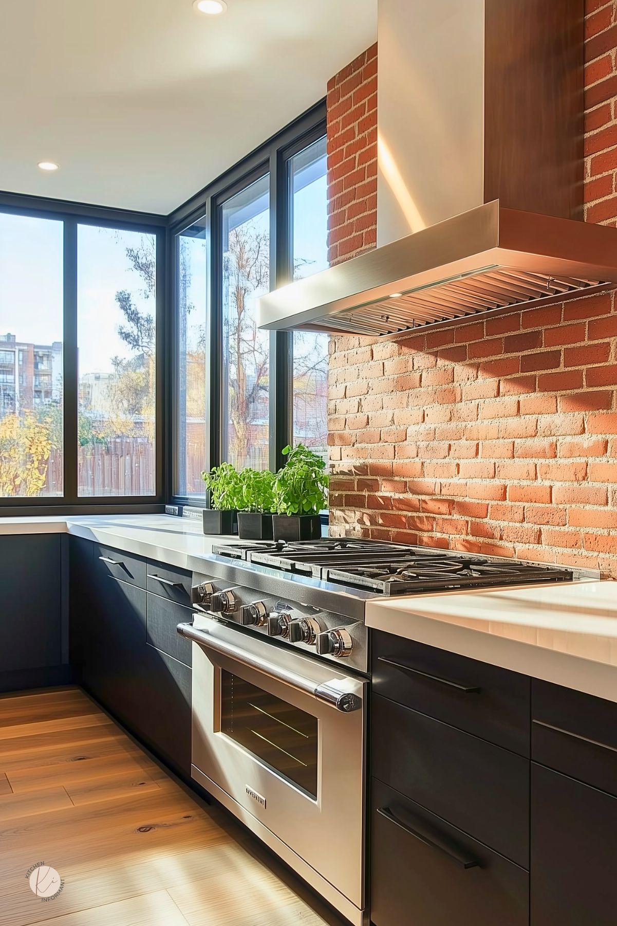 Modern kitchen with a red brick backsplash, stainless steel range hood, and gas range set between matte black flat-front cabinets. White countertops, warm wood floors, and black-framed corner windows bring in lots of natural light. Small green potted herbs sit by the stove, adding a clean industrial kitchen design feel.