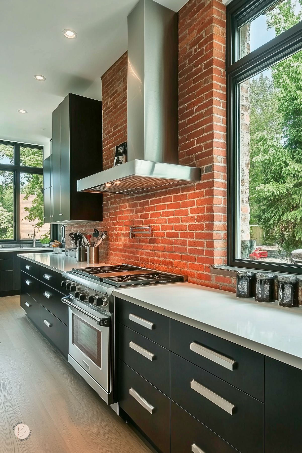 Modern kitchen with a red brick backsplash, stainless steel range hood, and black flat-front cabinets with long silver pulls. White countertops run beneath tall black-framed windows, adding lots of natural light. Sleek stainless stove and clean lines give the space an industrial kitchen design feel.