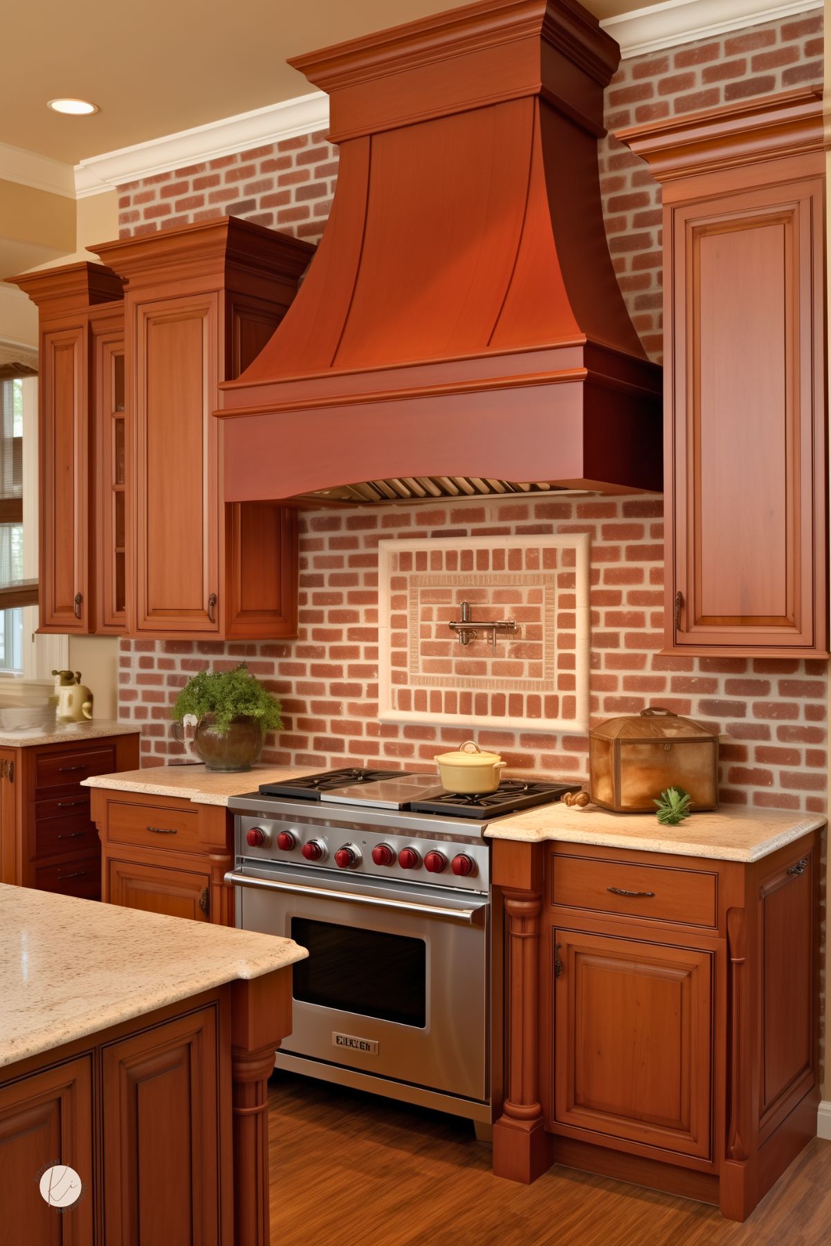 Traditional kitchen with rich cherry wood cabinets, a red brick backsplash, and a large matching wood range hood. Stainless steel range with red knobs sits below a pot filler framed by a decorative brick inset. Light stone countertops and warm wood tones give this brick backsplash kitchen a classic elegant look.