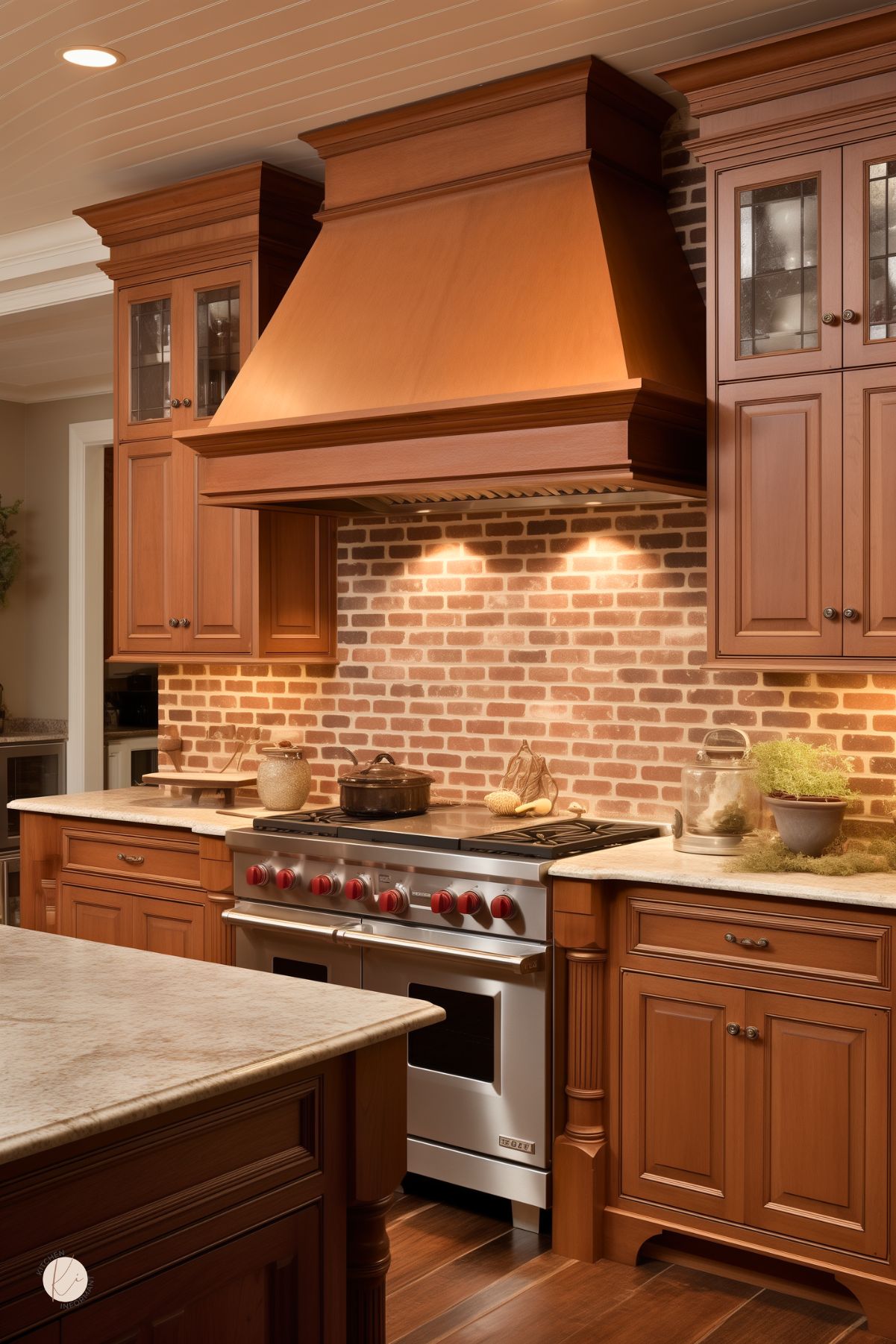 Traditional kitchen with warm cherry wood cabinets, a red brick backsplash, and a large matching wood range hood. Stainless steel range with red knobs sits between stone countertops, while under-cabinet lighting highlights the brick wall. Classic kitchen design with rich wood tones and timeless brick backsplash style.