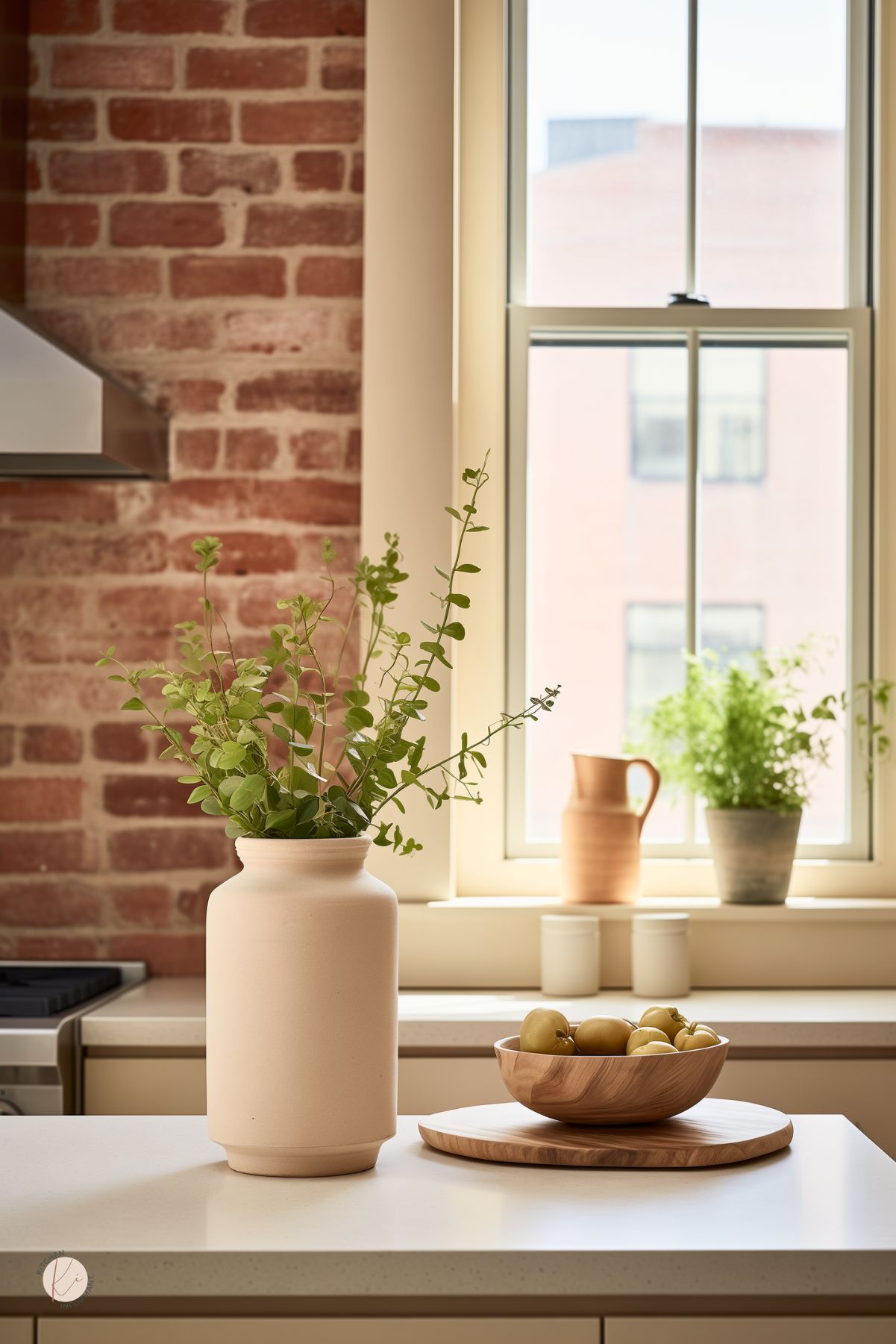 Soft neutral kitchen corner with a red brick backsplash, tall cream-trimmed window, and white countertop island. Large beige ceramic vase with green stems sits beside a wooden bowl of green apples. Small potted herbs on the windowsill add warm modern farmhouse kitchen style.