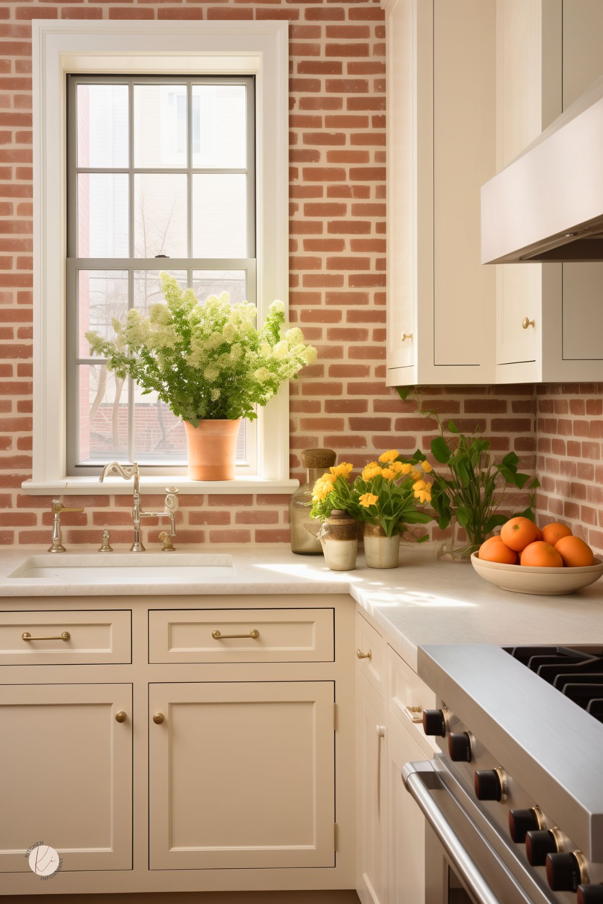 Cream kitchen with a red brick backsplash, white countertops, and classic shaker cabinets with brass hardware. Tall window above the sink brings in soft light, while potted flowers, greenery, and a bowl of oranges add warmth. Stainless steel range finishes this bright farmhouse kitchen design.