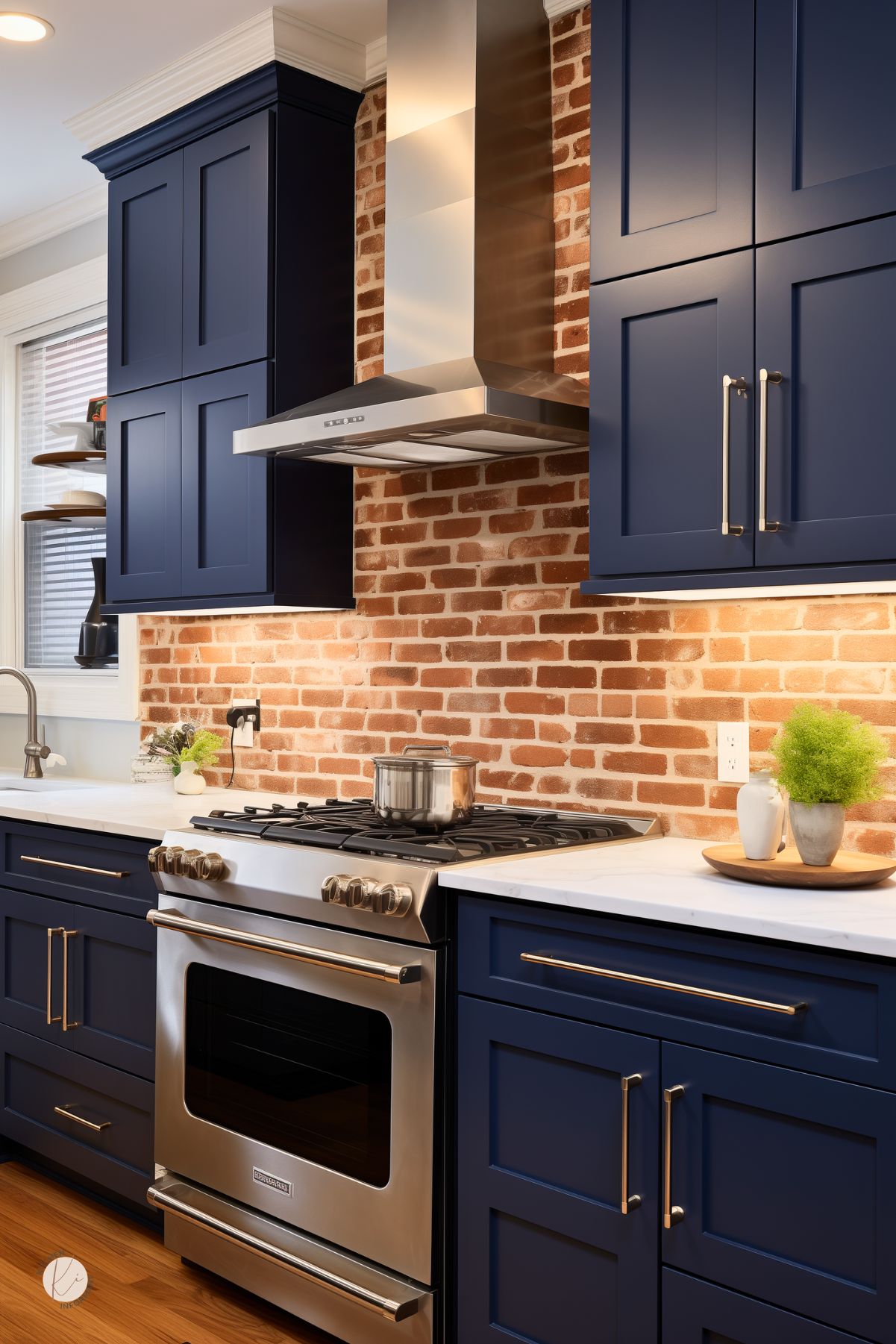 Navy blue kitchen with a red brick backsplash, white countertops, and stainless steel range and hood. Dark blue shaker cabinets with brass hardware frame the stove, while warm under-cabinet lighting highlights the brick wall. Small greenery and wood floors add a cozy modern farmhouse kitchen feel.