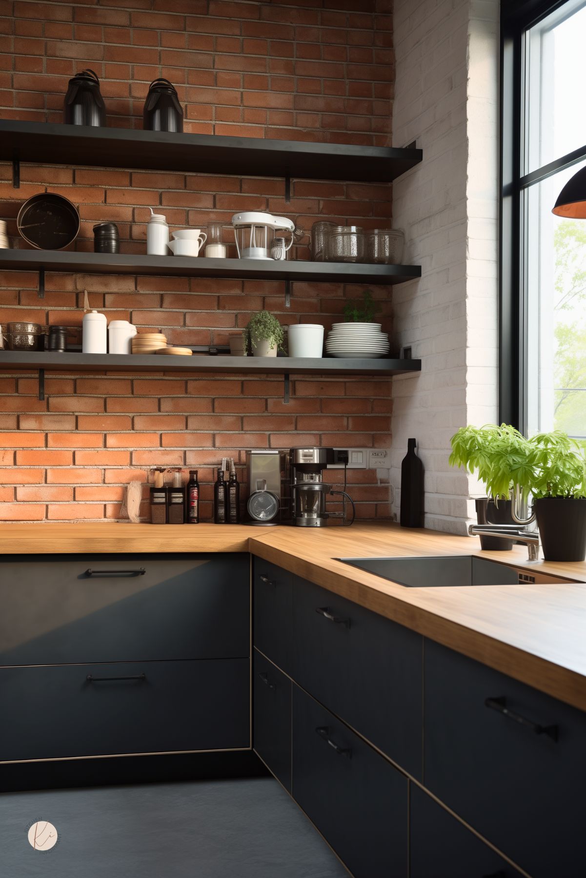 Modern black kitchen with a red brick backsplash, open black shelves, butcher block countertops, and matte black flat-front cabinets. Black sink sits by a large black-framed window with potted herbs. White painted brick on the side wall adds contrast for an industrial kitchen design.