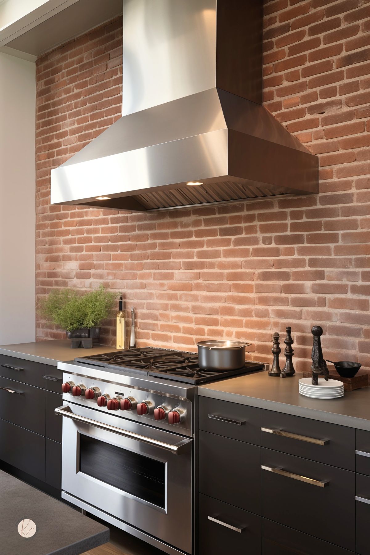 Modern kitchen with a red brick backsplash, stainless steel range hood, and professional-style gas range with red knobs. Dark charcoal cabinets, sleek metal hardware, and gray countertops create an industrial kitchen design. Decor includes black pepper mills, stacked white plates, and a small potted plant.