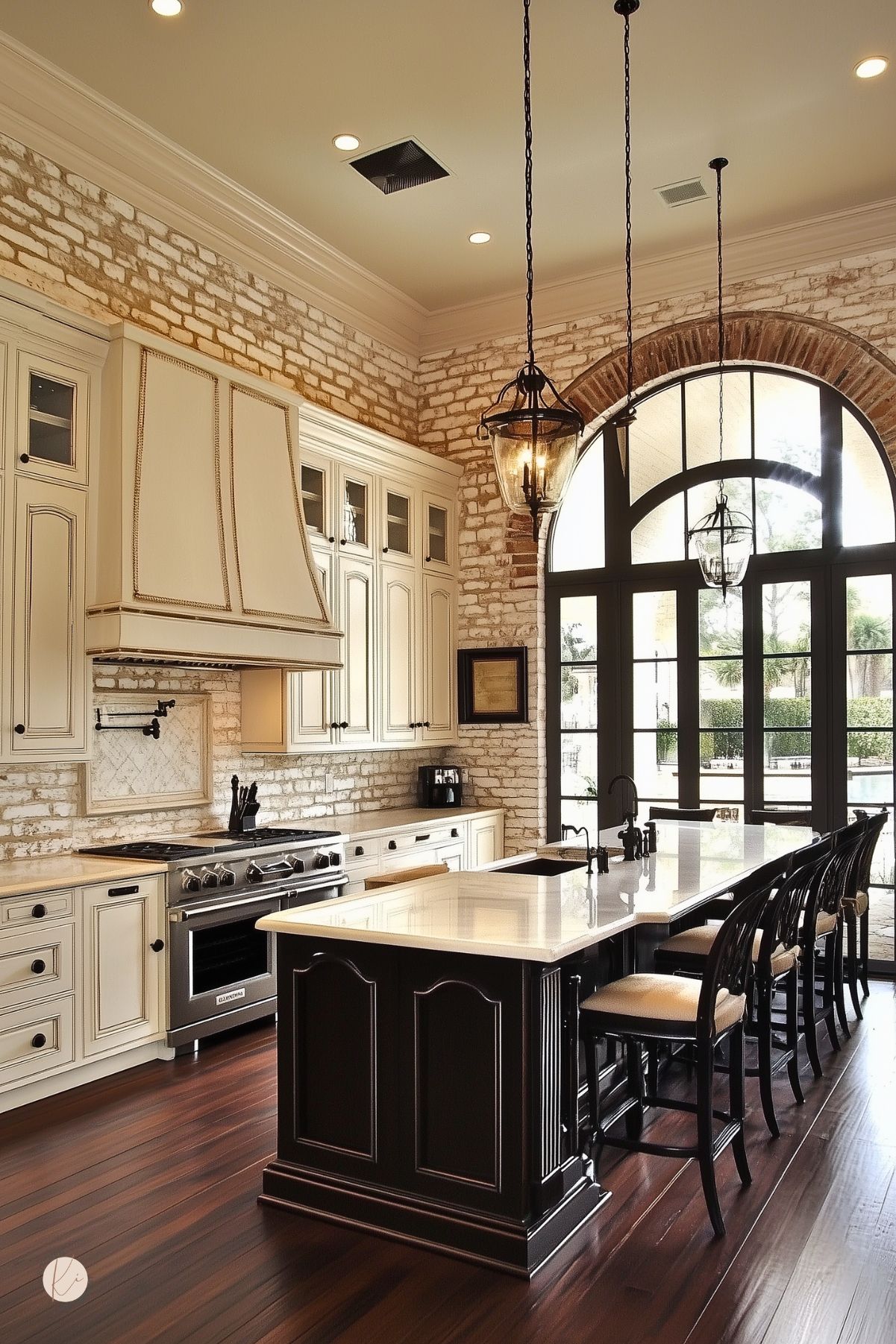 Elegant cream kitchen with a whitewashed brick backsplash, tall cream cabinets, and a black island with a white countertop. Large arched black-framed windows and hanging lantern pendant lights bring dramatic contrast. Dark wood floors, bar stools, and a stainless range add classic luxury kitchen design style.