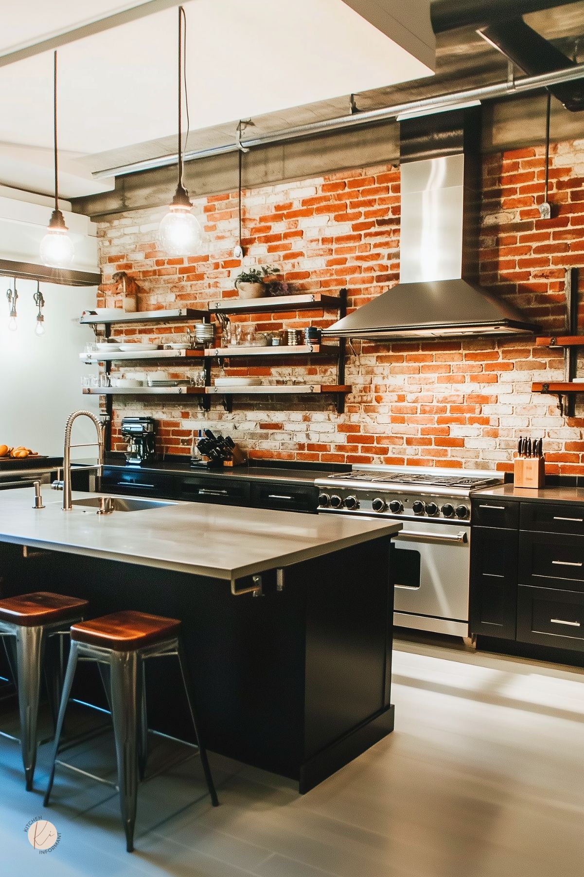 Industrial kitchen with a red and white brick backsplash, black cabinets, and a large black island with white countertop and sink. Stainless steel range hood and stove sit beneath open metal and wood shelves. Pendant lights and metal stools with wood seats add a modern loft kitchen feel.