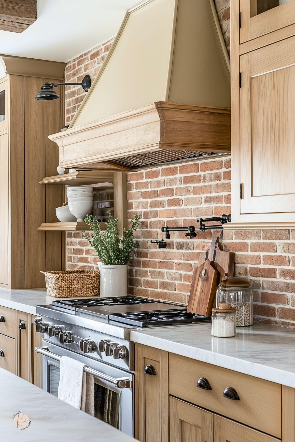 Light wood kitchen with a red brick backsplash, cream range hood with wood trim, and white marble countertops. Stainless steel gas range sits below a black pot filler, with open shelves holding white bowls. Black cup pulls, cutting boards, glass jars, and greenery add warm farmhouse kitchen design style.