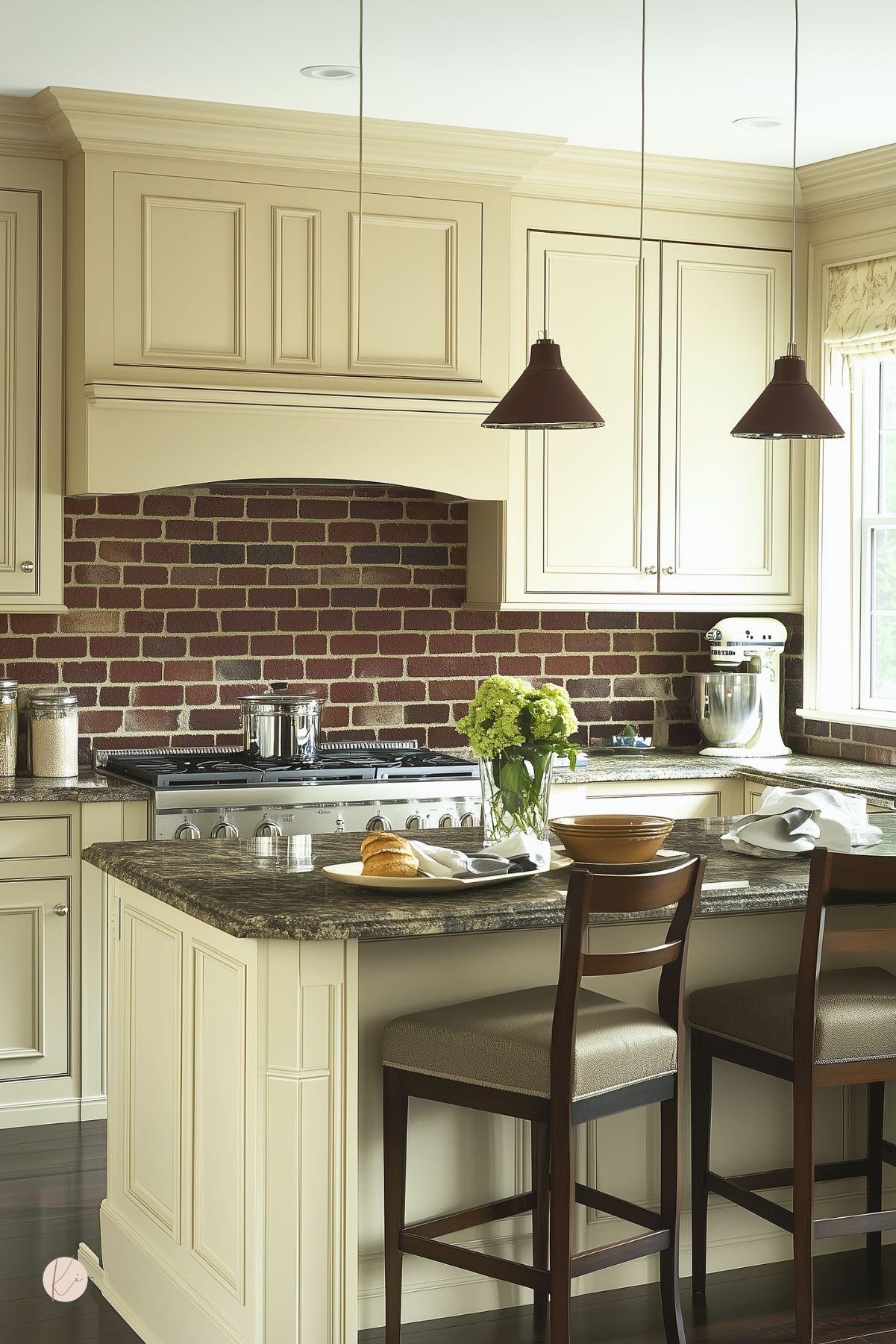Cream kitchen with a dark red brick backsplash, raised-panel cabinets, and a large island with dark stone countertop. Two brown pendant lights hang above bar stools, while a stainless range sits below a curved cream hood surround. Green flowers, a stand mixer, and dark wood floors add warm traditional kitchen style.