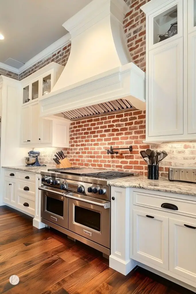 White kitchen with a red brick backsplash, large curved white range hood, and stainless steel double oven range. White raised-panel cabinets, black hardware, marble-look countertops, and dark wood floors create a bright farmhouse kitchen design with classic brick backsplash style.
