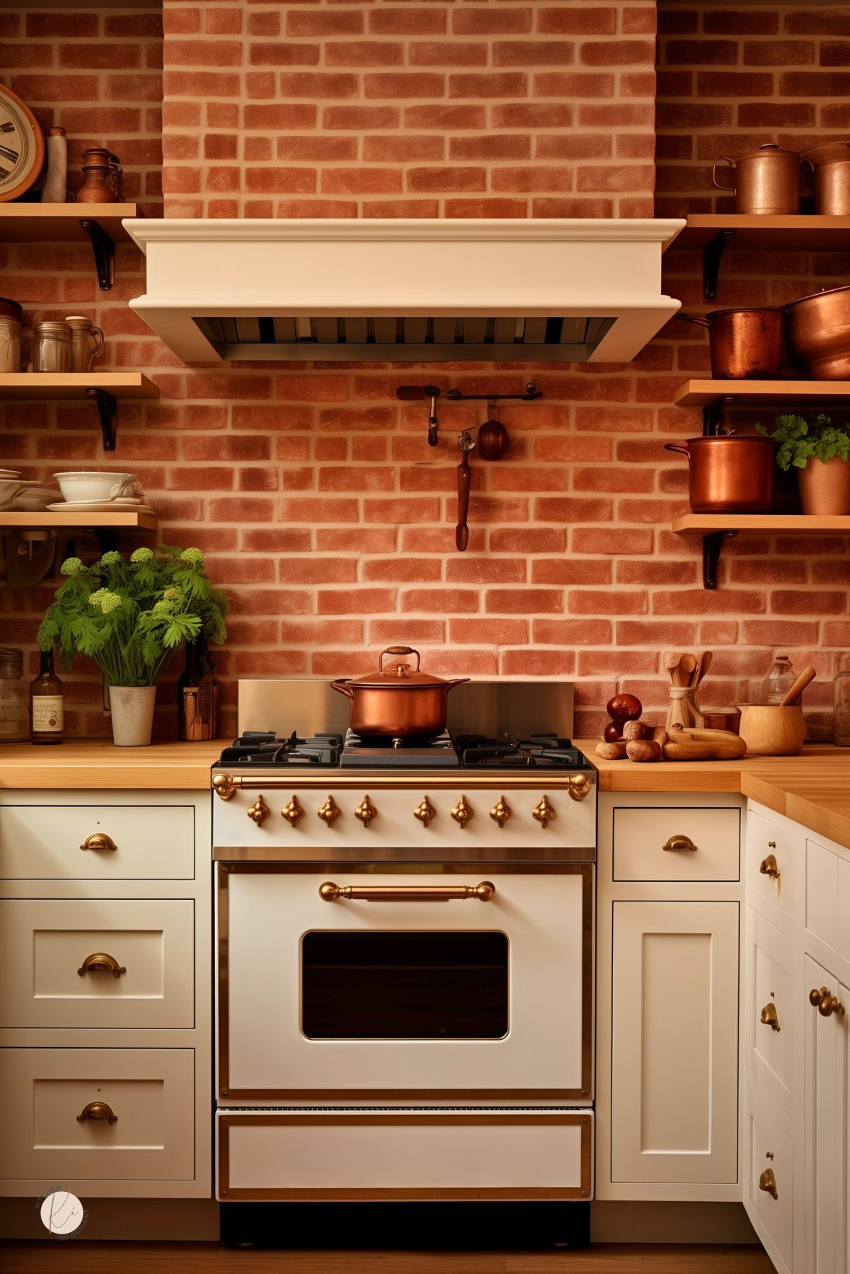 White kitchen with a red brick backsplash, cream vent hood, butcher block countertops, and white cabinets with brass hardware. Vintage-style white range with brass knobs sits below open wood shelves styled with copper pots, dishes, jars, and greenery for a warm farmhouse kitchen design.