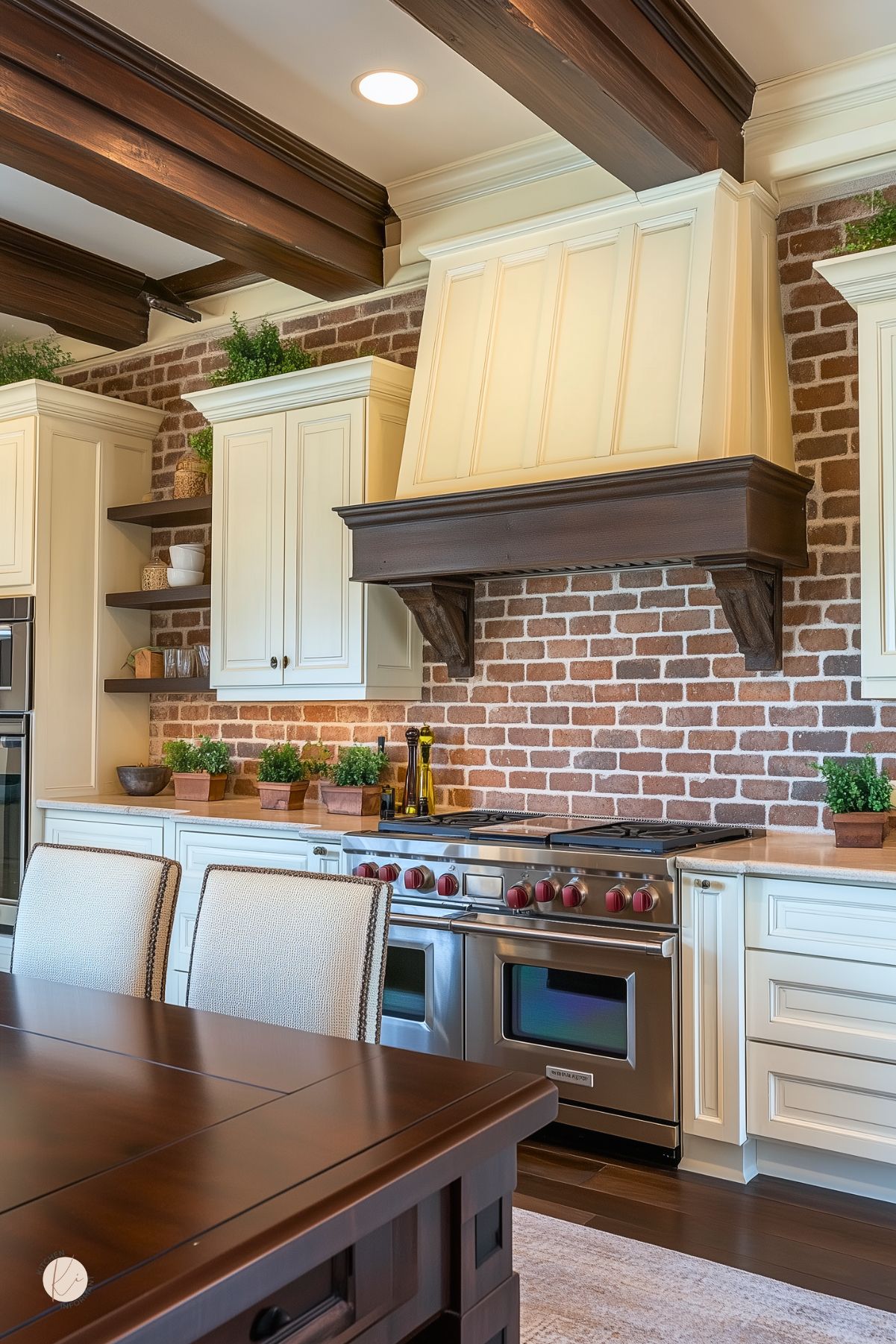 Cream kitchen with a red brick backsplash, dark wood ceiling beams, and a cream range hood with dark wood trim. Stainless steel double oven range with red knobs sits between light cabinets and countertops, while open wood shelves and small potted plants add warm traditional farmhouse style.