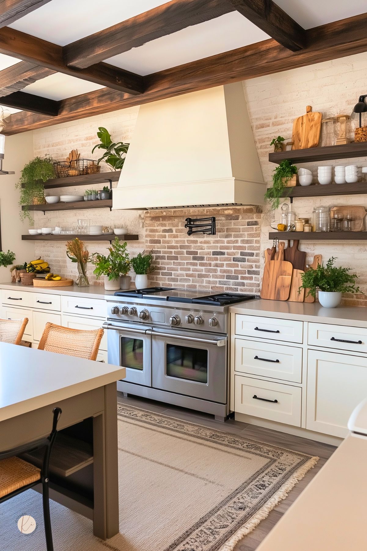 White farmhouse kitchen with a light painted brick backsplash, large cream range hood, dark wood ceiling beams, and stainless steel double oven. Open wood shelves hold dishes, jars, cutting boards, and greenery. White cabinets with black hardware, woven stools, and a neutral rug add warm rustic kitchen design style.