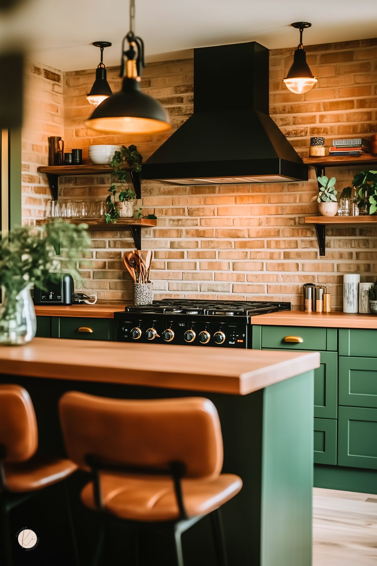 Green kitchen with a beige brick backsplash, black range hood, butcher block countertops, and matching green island. Open wood shelves hold dishes, glassware, and plants, while warm pendant lights and brown bar stools create a cozy modern farmhouse kitchen design.