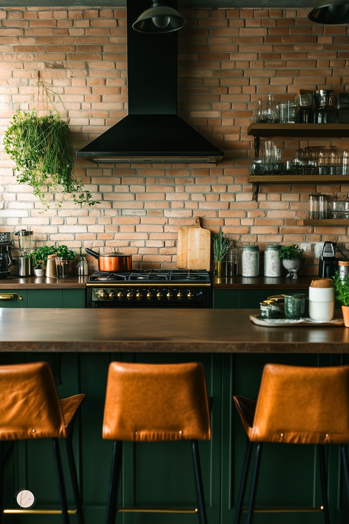 Moody green kitchen with a red brick backsplash, black range hood, dark wood countertops, and a matching green island. Open wood shelves hold glassware and decor, while tan leather bar stools, hanging plants, and black pendant lights create a warm industrial farmhouse kitchen feel.