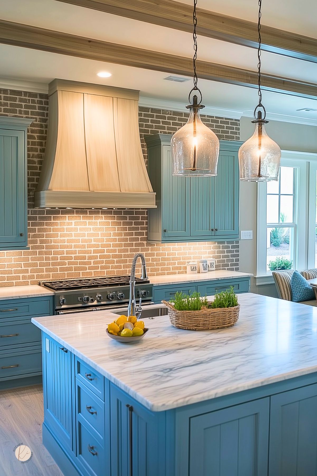 Blue kitchen with a beige brick backsplash, large marble island, and light wood range hood. Blue shaker cabinets, glass pendant lights, and a stainless steel range create a bright coastal farmhouse kitchen design. Basket of greenery and bowl of lemons add fresh natural detail.