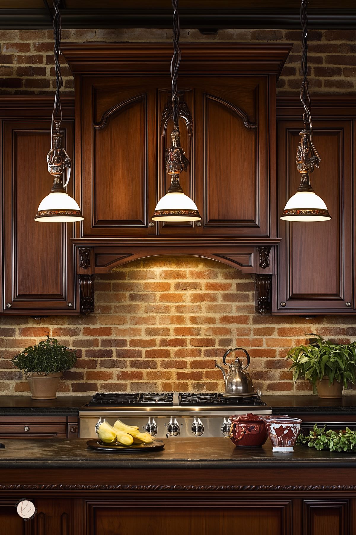 Dark cherry wood kitchen with a red brick backsplash, ornate wood vent hood, and black countertops. Three vintage pendant lights hang above the island, while a stainless cooktop with kettle sits below under-cabinet lighting. Bananas, red pottery, and potted greenery add warm traditional kitchen style.