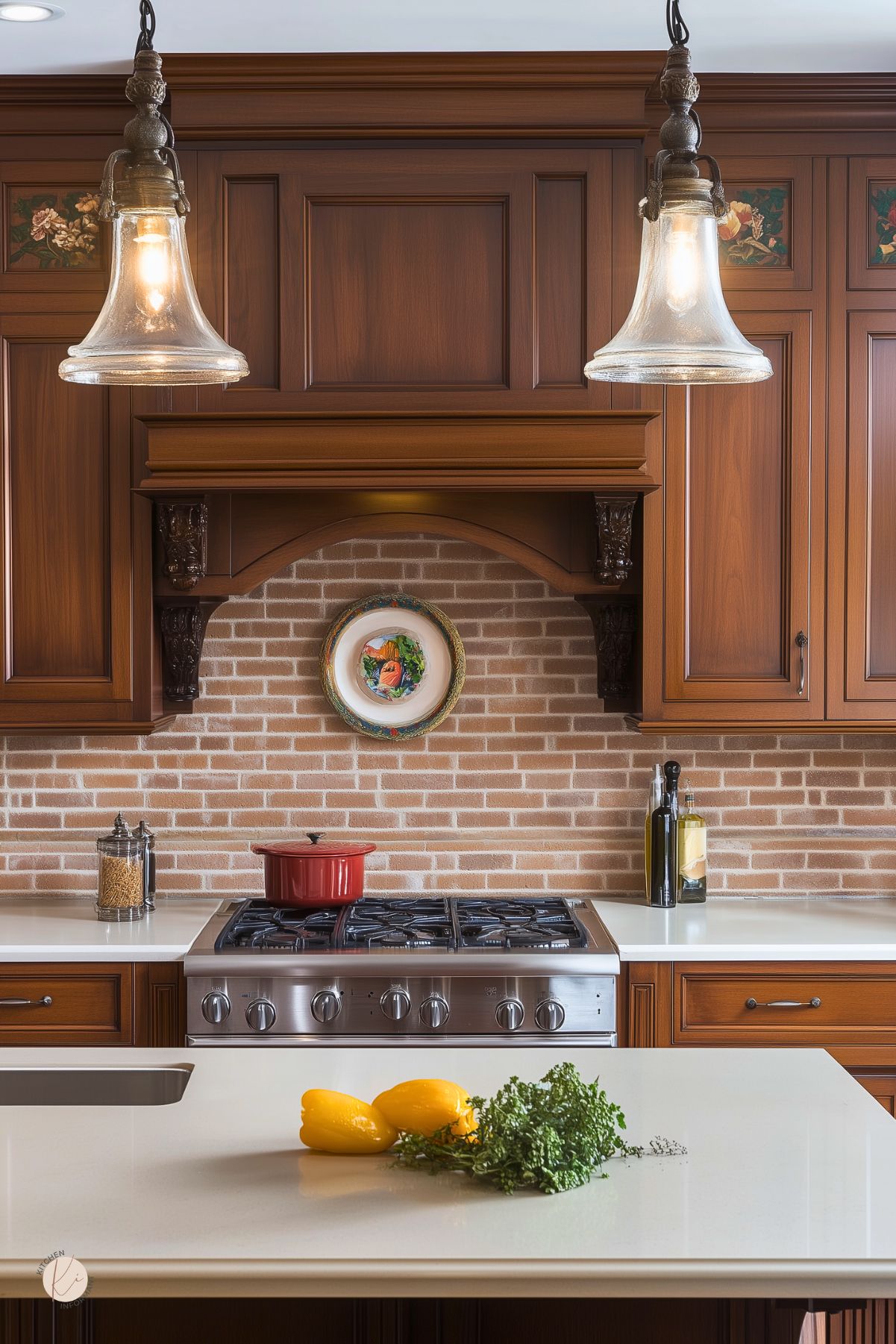 Traditional cherry wood kitchen with a beige brick backsplash, ornate wood range hood, and stainless steel cooktop. Two glass pendant lights hang above a white island with lemons and fresh herbs. A red Dutch oven sits on the stove, and a decorative plate is centered on the brick backsplash.