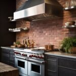Dark modern kitchen with a red brick backsplash, oversized stainless steel range hood, and large professional double oven with red knobs. Black flat-front cabinets, floating shelves with dishes and glassware, copper cookware, white countertops, and greenery create a moody industrial kitchen design.