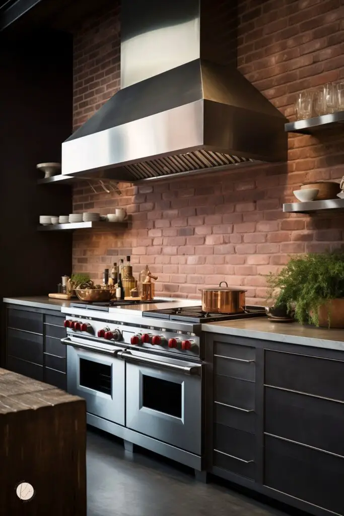 Dark modern kitchen with a red brick backsplash, oversized stainless steel range hood, and large professional double oven with red knobs. Black flat-front cabinets, floating shelves with dishes and glassware, copper cookware, white countertops, and greenery create a moody industrial kitchen design.