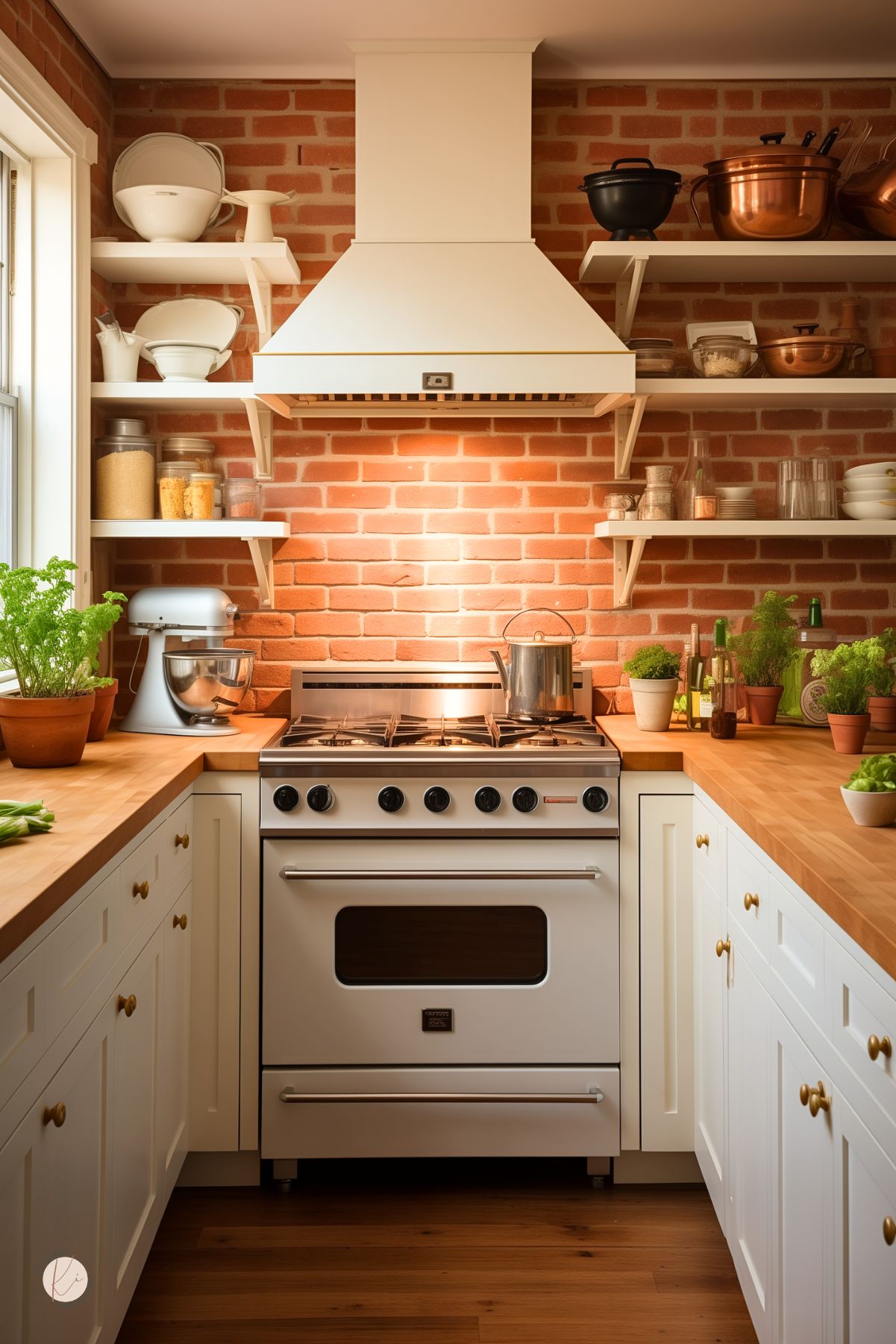 White kitchen with a red brick backsplash, white vent hood, and butcher block countertops. Compact white range sits between shaker cabinets with brass knobs. Open white shelves hold dishes, jars, copper cookware, and plants, creating a warm farmhouse kitchen with brick backsplash and vintage style.