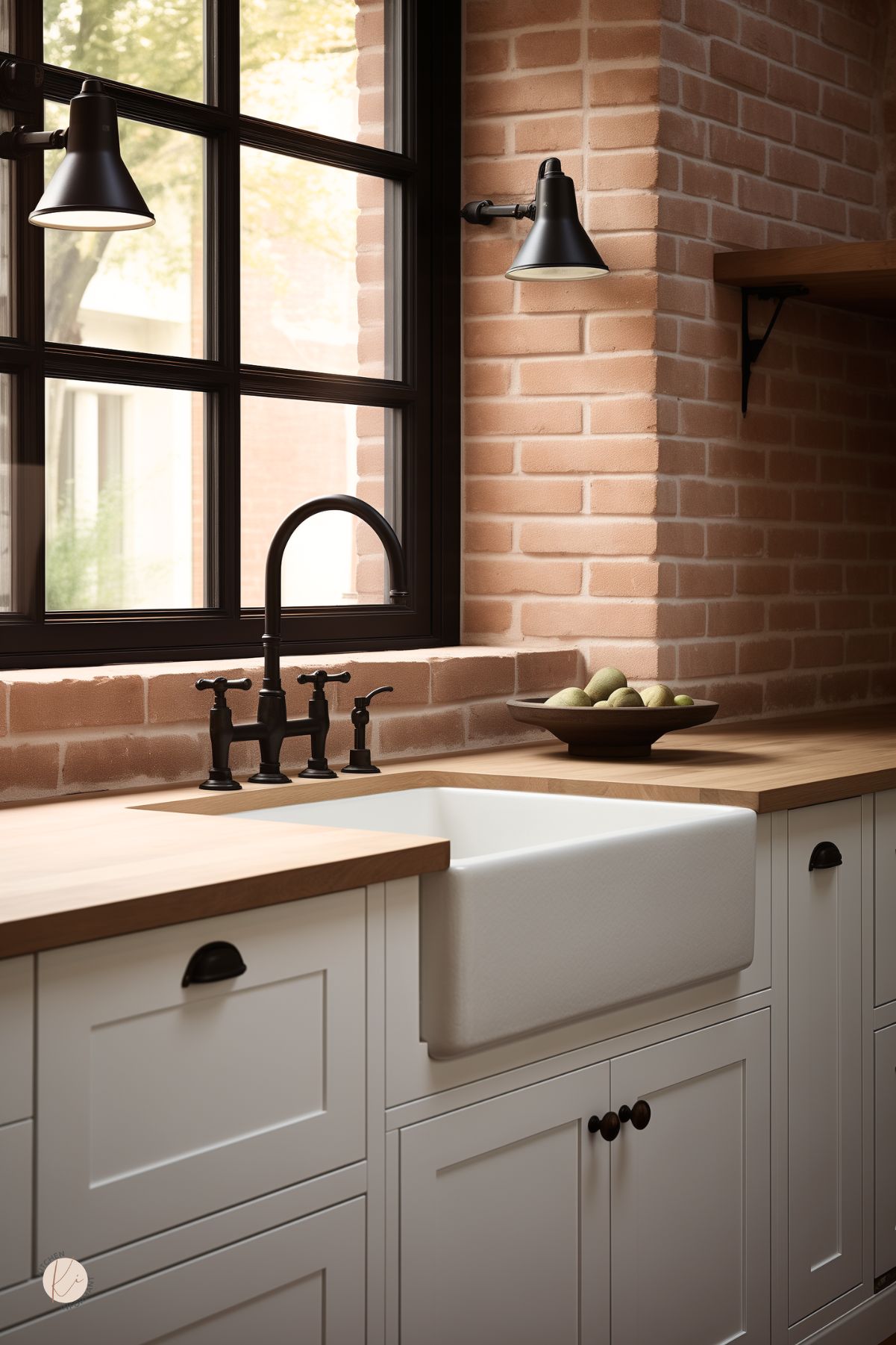 White farmhouse kitchen sink with butcher block countertops, white shaker cabinets, and a soft red brick backsplash. Black window frame, black faucet, and black wall sconces add contrast. Bowl of green fruit sits on the counter, giving this brick kitchen backsplash design a warm modern farmhouse look.