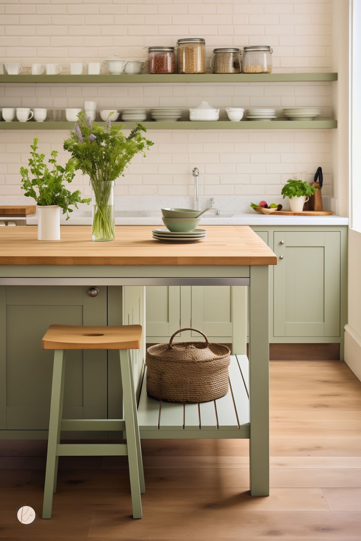 Sage green kitchen with a white painted brick backsplash, butcher block island, and open shelves styled with white dishes and glass jars. Matching green stool and cabinets, light wood floors, fresh herbs, and a woven basket create a soft cottage kitchen design with warm natural details.
