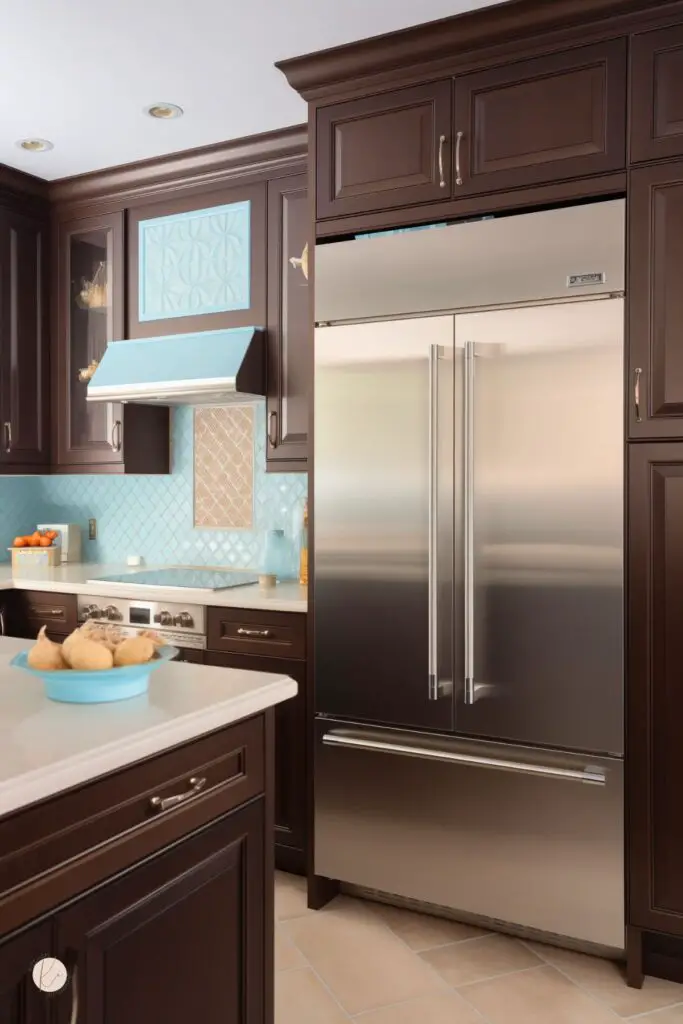 Chocolate brown kitchen cabinets with a built-in stainless steel refrigerator, white countertops, and a baby blue diamond tile backsplash. Small matching blue range hood and decorative blue cabinet panel add contrast, while a white island with a blue bowl sits in the foreground.