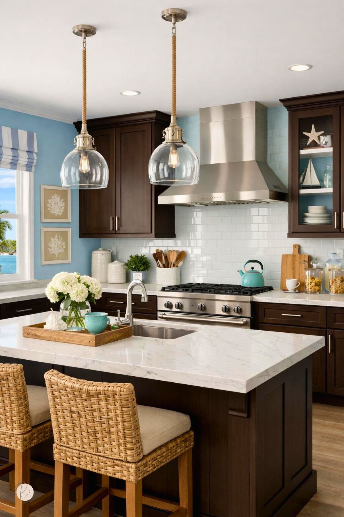 Coastal kitchen with chocolate brown cabinets, baby blue walls, and a white marble island with sink. Two woven bar stools and glass pendant lights add warmth, while a stainless steel range hood, white subway tile backsplash, turquoise kettle, and ocean-view window create a bright beach-inspired kitchen design.