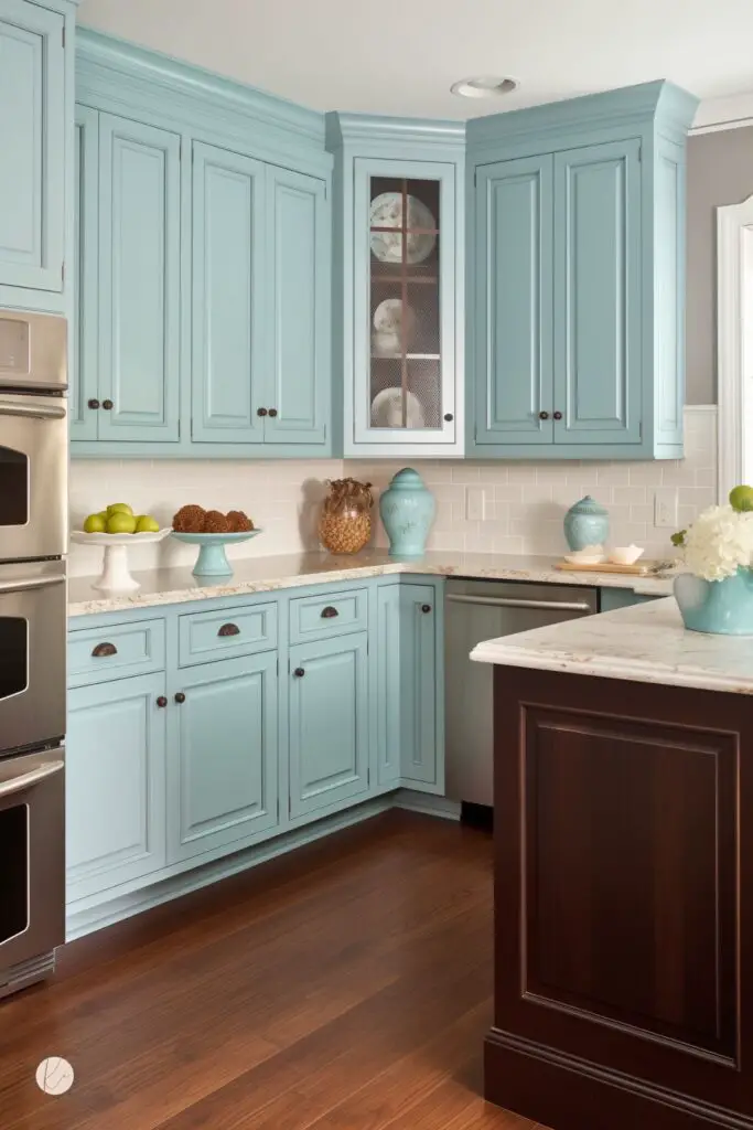 Kitchen with baby blue shaker cabinets, white tile backsplash, stainless wall oven, and warm wood floors. A dark chocolate brown island adds contrast with a white stone countertop. Blue decorative jars, cake stands, and white flowers give the two-tone kitchen a soft traditional look.