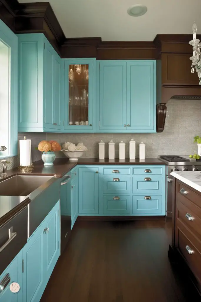 Two-tone kitchen with baby blue cabinets, dark chocolate brown trim and island drawers, stainless farmhouse sink, and white marble countertop. Soft gray backsplash, silver hardware, and a small chandelier create a polished traditional kitchen design with bright color contrast.