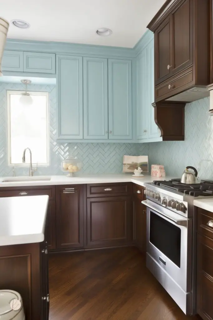Kitchen with chocolate brown lower cabinets and range hood, baby blue upper cabinets, and a matching blue herringbone tile backsplash. White countertops, white farmhouse sink, stainless steel range, dark wood floor, and bright window create a fresh two-tone kitchen design.